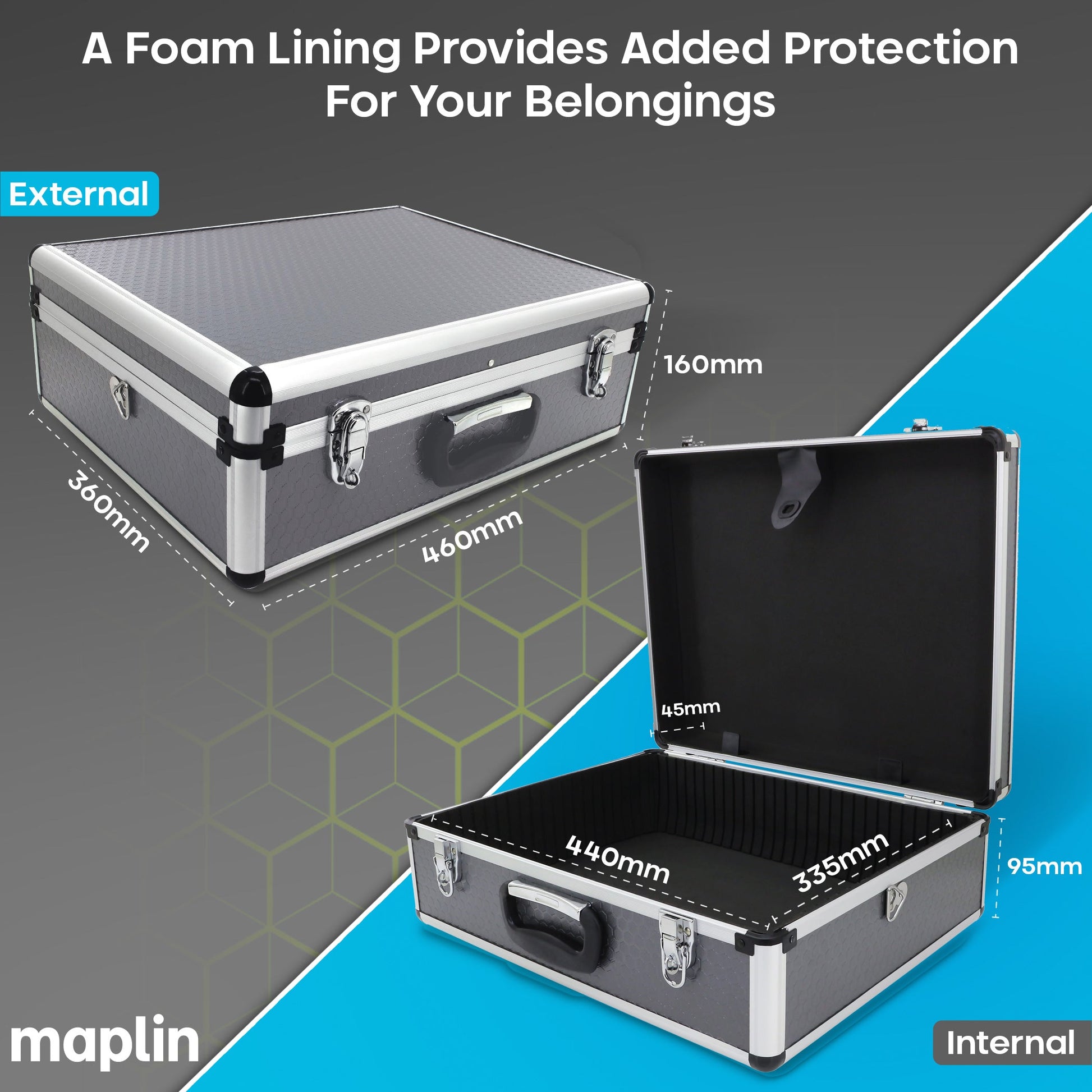 Maplin Plus Aluminium 160 x 460 x 360mm Tool Flight Case - Silver - maplin.co.uk