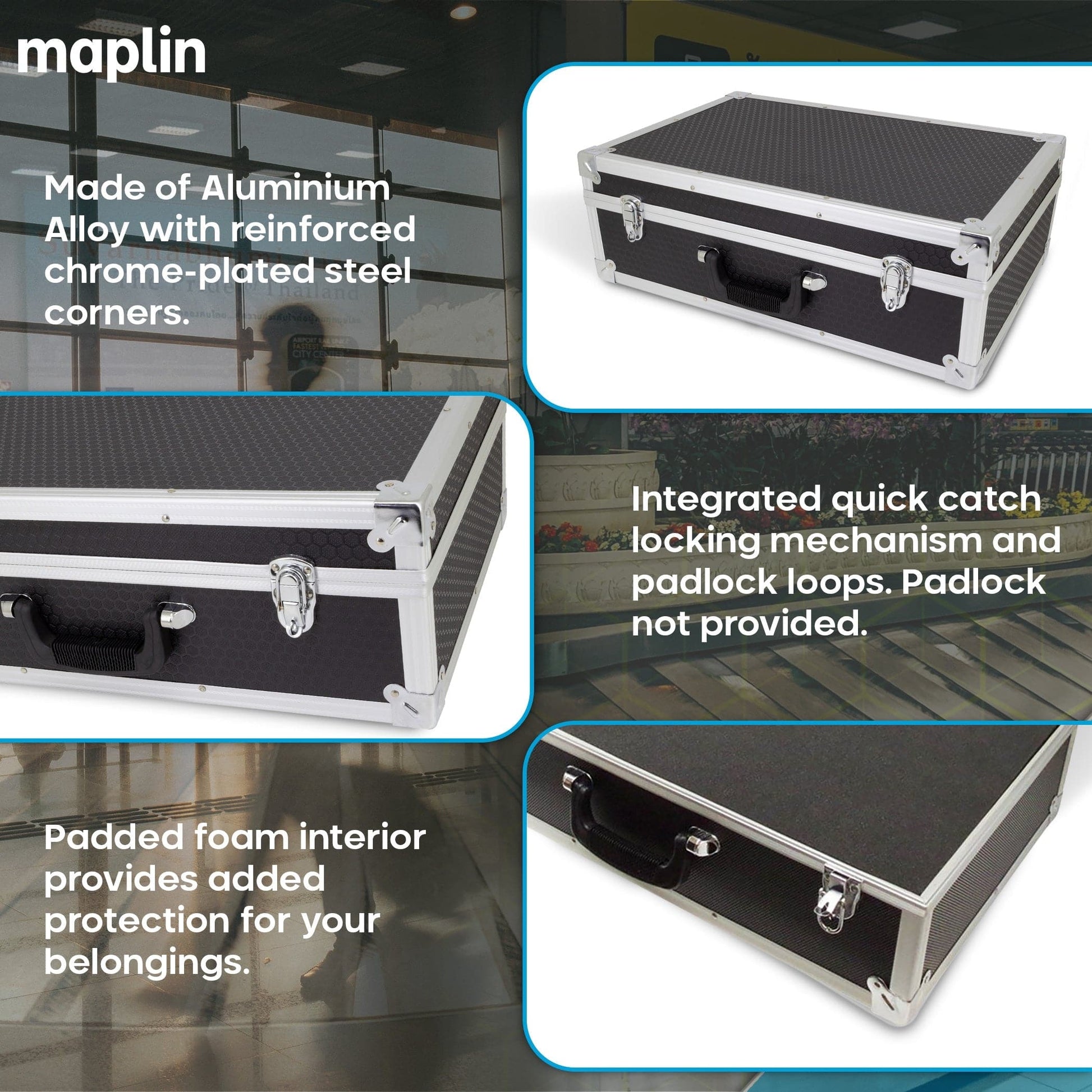 Maplin BC47 Aluminium 190 x 570 x 380mm Flight Case with Cubed Foam Block & Egg Lid Foam - Black - maplin.co.uk