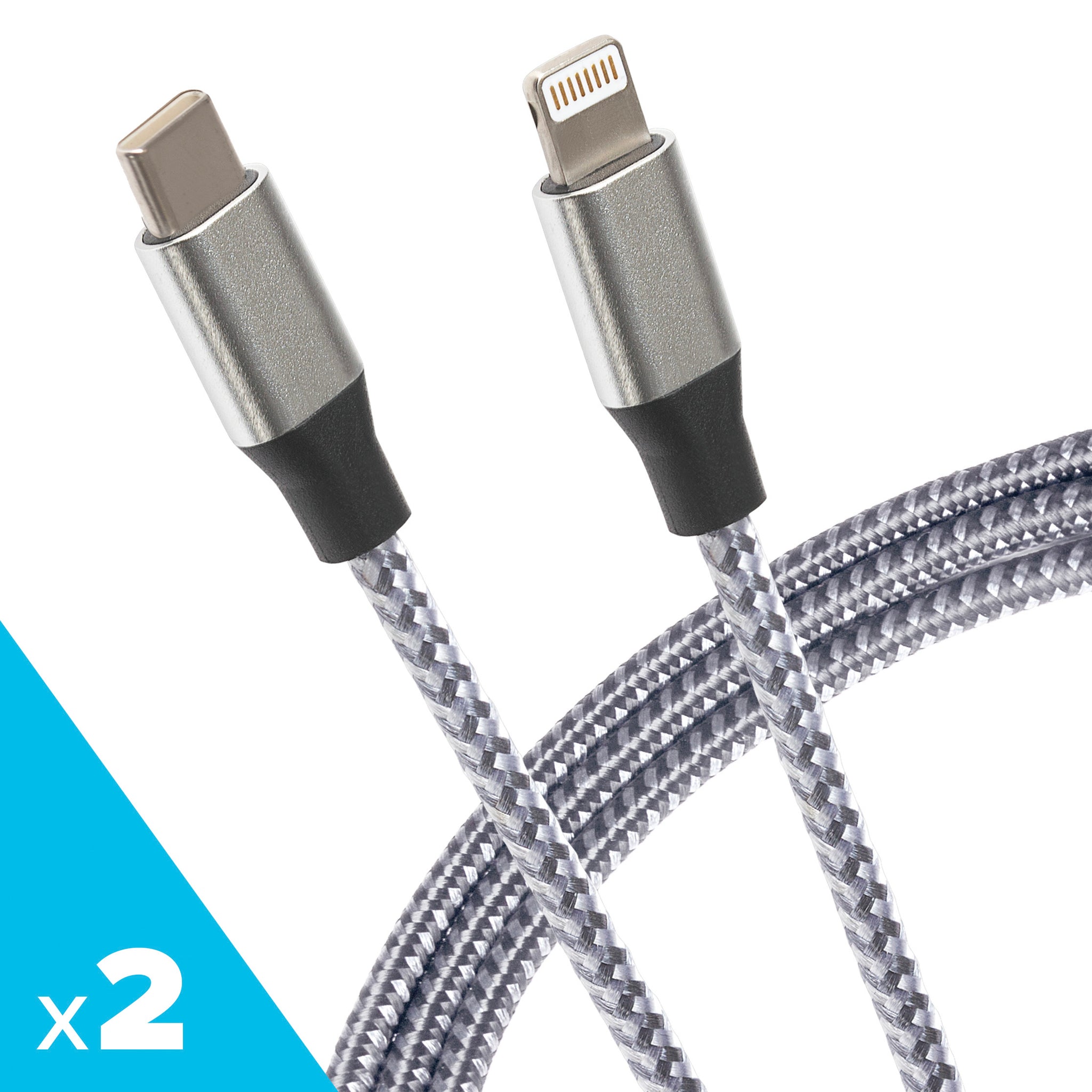 Maplin Lightning to USB-C Braided 20W High Speed Cable - Silver, 1m (Pack of 2)