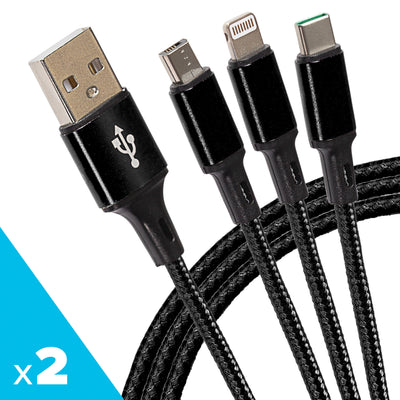 Maplin USB-A to 3-in-1 Multi-Charging USB-C / Lightning / Micro USB Braided Cable - 1.2m, Black (Pack of 2)