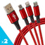 Maplin USB-A to 3-in-1 Multi-Charging USB-C / Lightning / Micro USB Braided Cable - 1.2m, Red (Pack of 2)