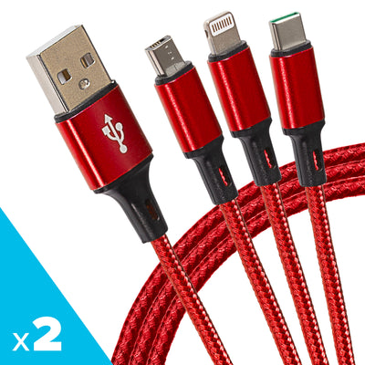 Maplin USB-A to 3-in-1 Multi-Charging USB-C / Lightning / Micro USB Braided Cable - 1.2m, Red (Pack of 2)