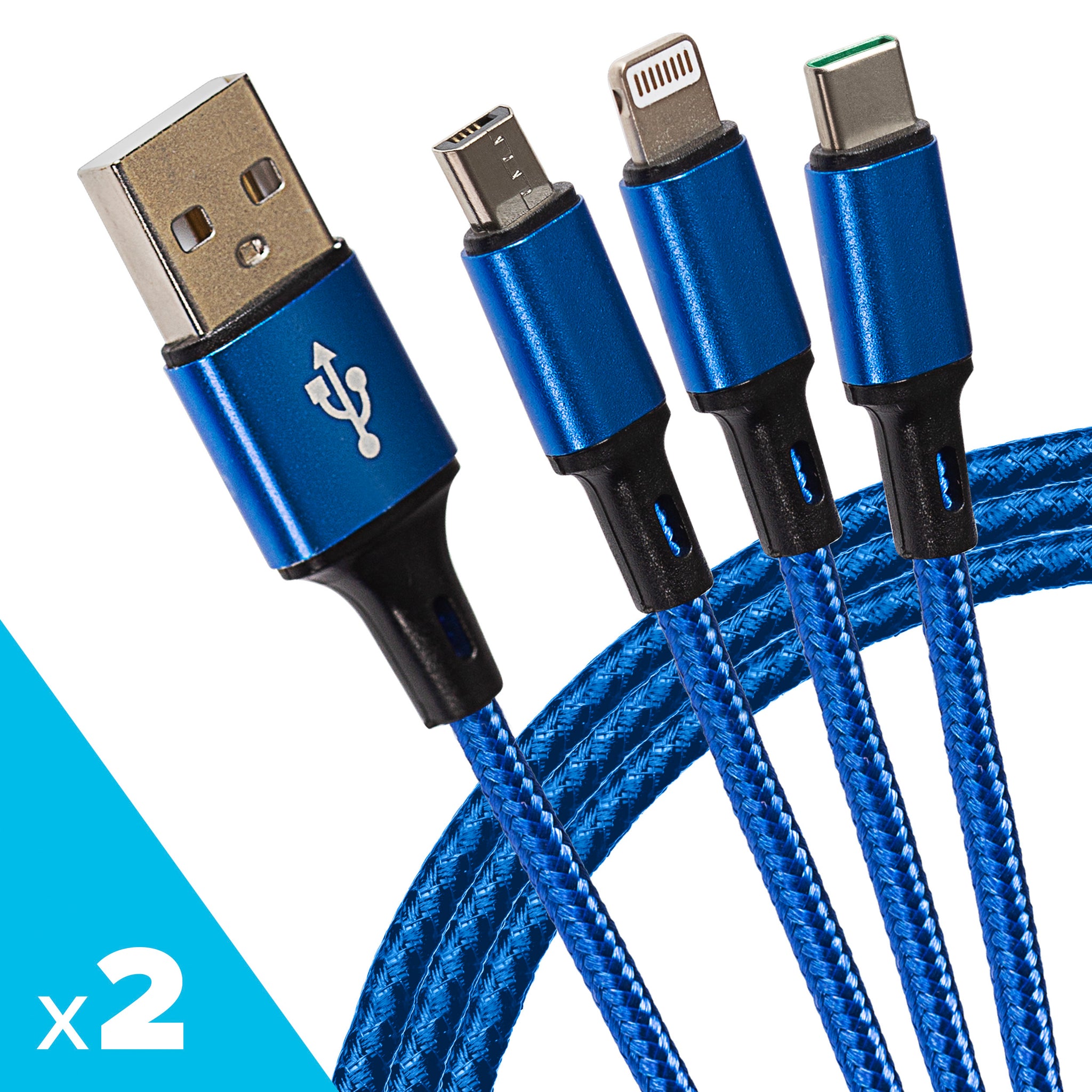 Maplin USB-A to 3-in-1 Multi-Charging USB-C / Lightning / Micro USB Braided Cable - 1.2m, Blue (Pack of 2)