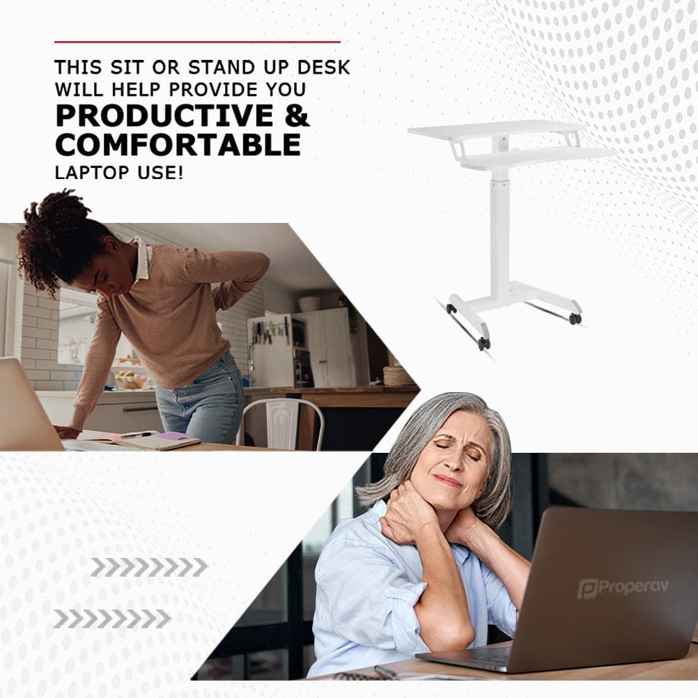ProperAV Two Tier Mobile Desk Trolley Workstation with Gas Spring Height Adjustment - White
