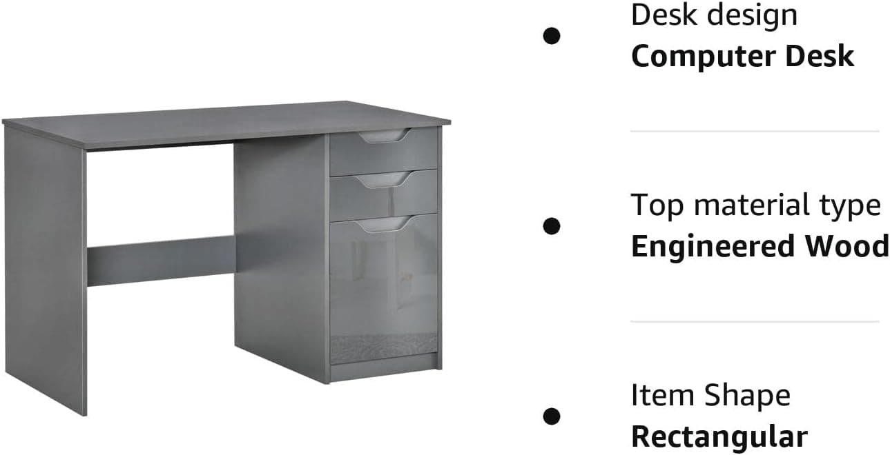 ProperAV Extra High Gloss Office Desk with Drawers & Storage Cabinet - Grey