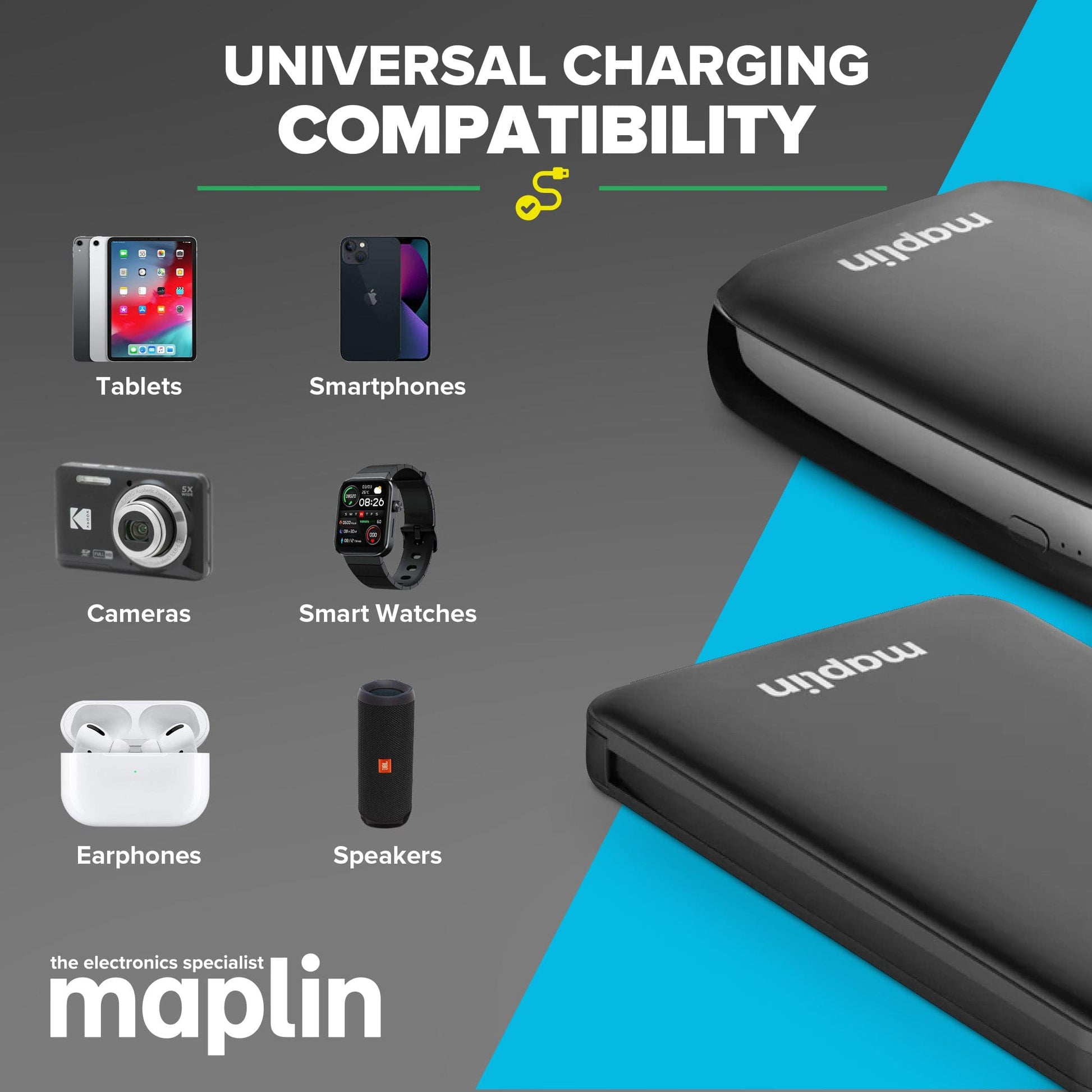 Maplin 10000mAh Slim Power Bank with Integrated Lightning, USB-C & Micro USB Cables - maplin.co.uk