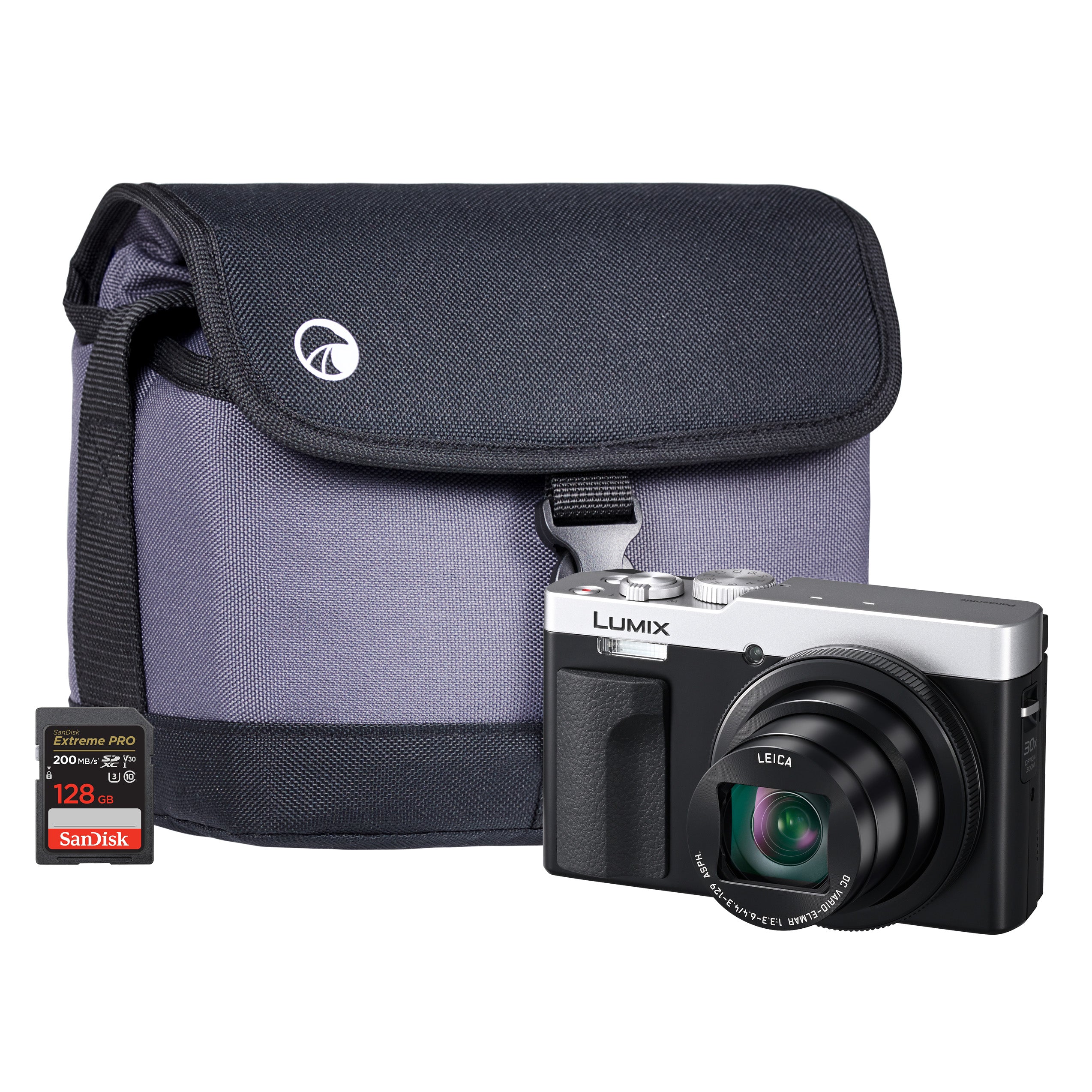 Panasonic DC-TZ99 Compact Camera - Silver Camera + Sandisk 128GB SD Card + System Bag