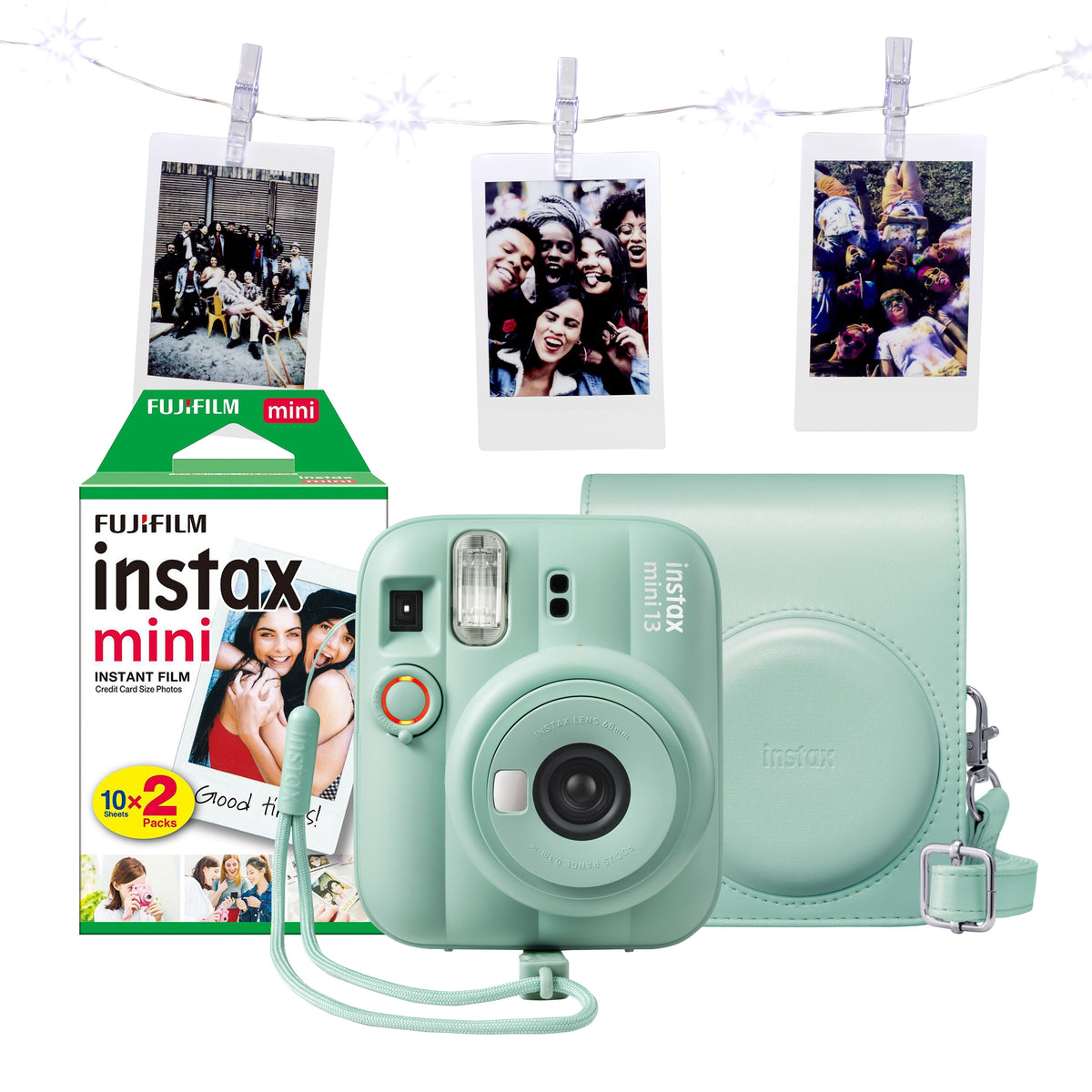 Fujifilm Instax Mini 13 Instant Camera - Lagoon Green Camera + 20 Shot Pack + Case + LED Lights & Pegs