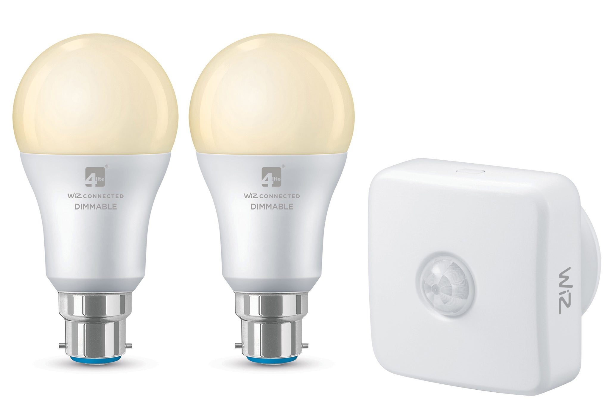 4lite WiZ Connected A60 Warm White WiFi LED Smart Bulb - B22 Bayonet Cap Pack of 2 + Sensor