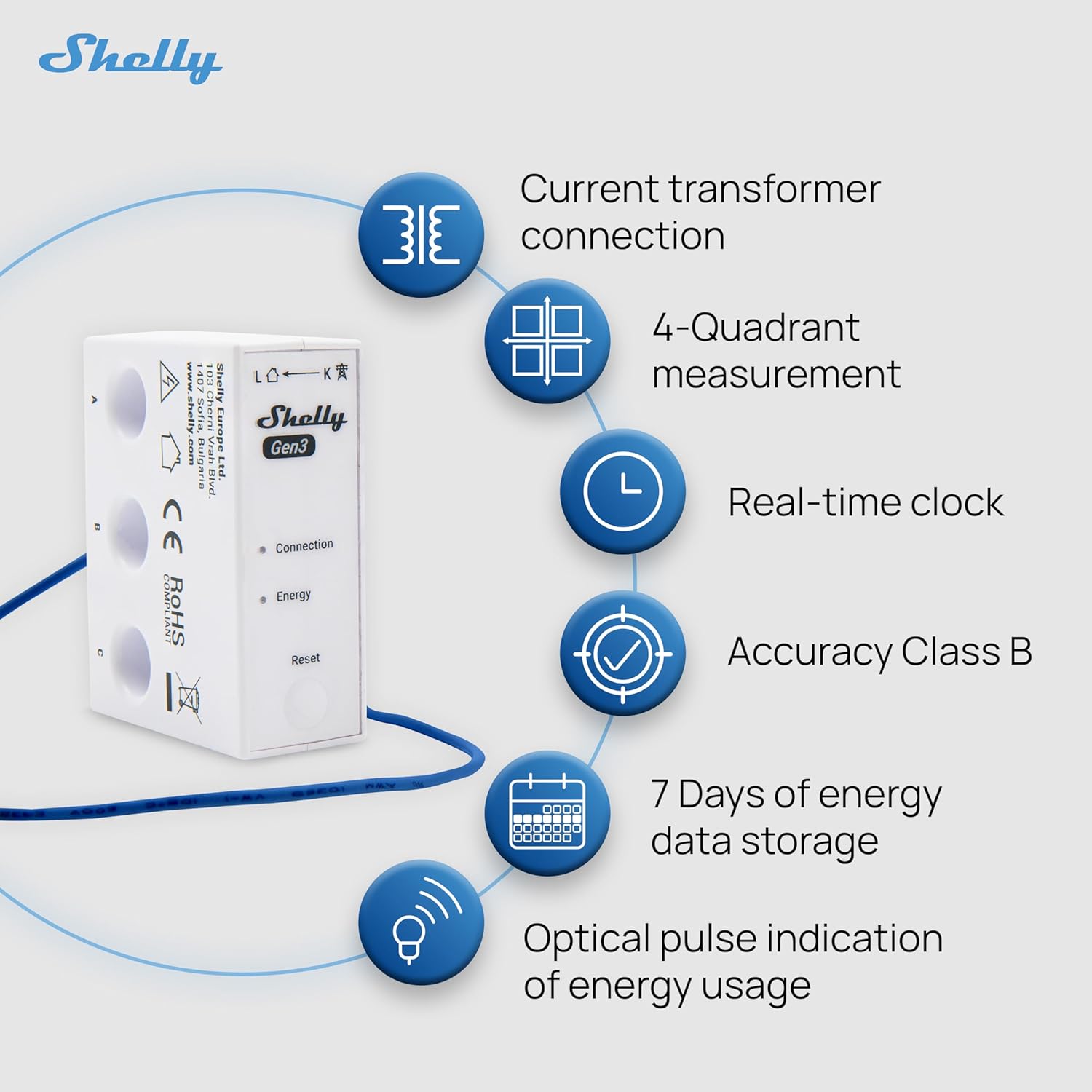 Shelly 3EM-63T Gen3 WiFi Three-Phase Energy Meter with Integrated Current-Transformers