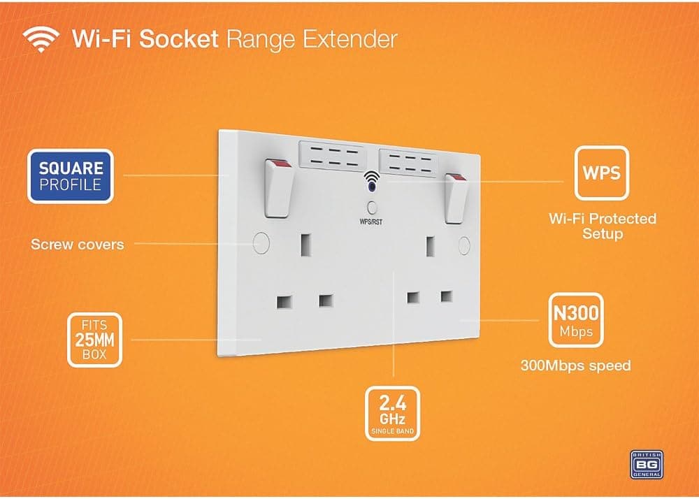 British General Square Edge 13A 2 Gang Switched Socket with Wi-Fi Extender - White - maplin.co.uk