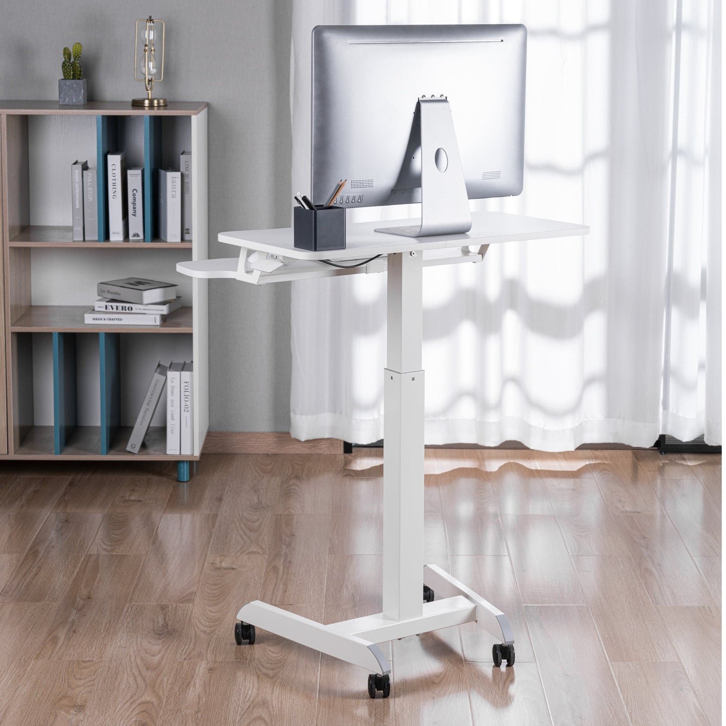 ProperAV Two Tier Mobile Desk Trolley Workstation with Gas Spring Height Adjustment - White - maplin.co.uk