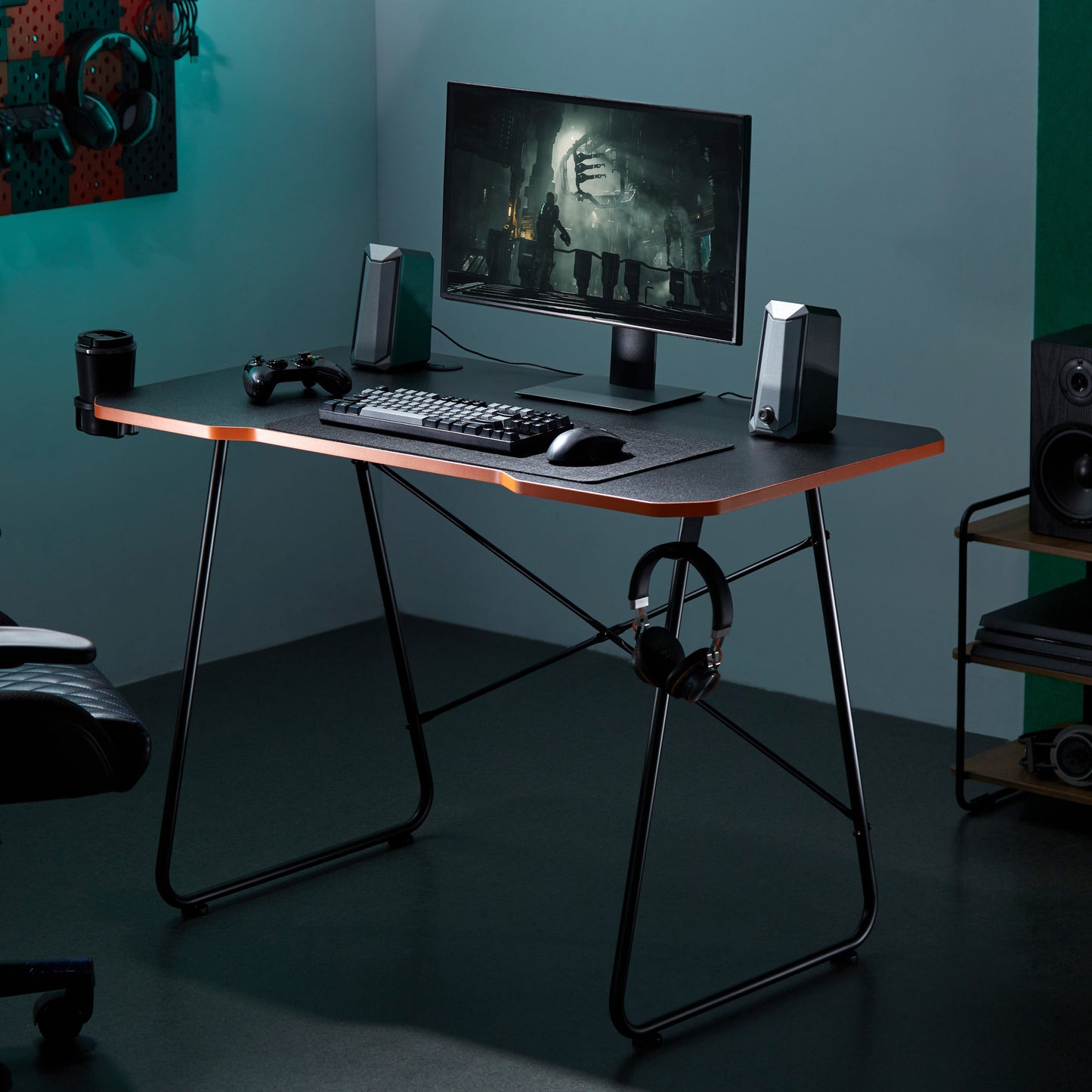 Maplin Gaming Desk with Headphone Hook & Cup Holder - Matte Black & Orange - maplin.co.uk