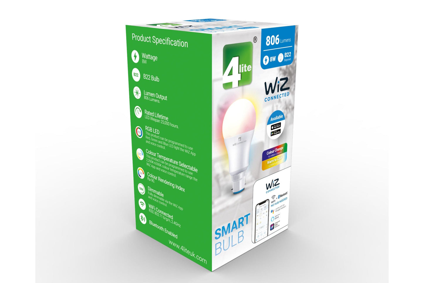 4lite WiZ Connected A60 Dimmable Multicolour WiFi LED Smart Bulb - B22 Bayonet, Pack of 4 - maplin.co.uk