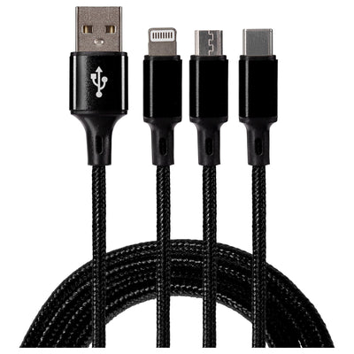 Maplin USB-A to 3-in-1 Multi-Charging USB-C / Lightning / Micro USB Braided Cable - 1.2m Black