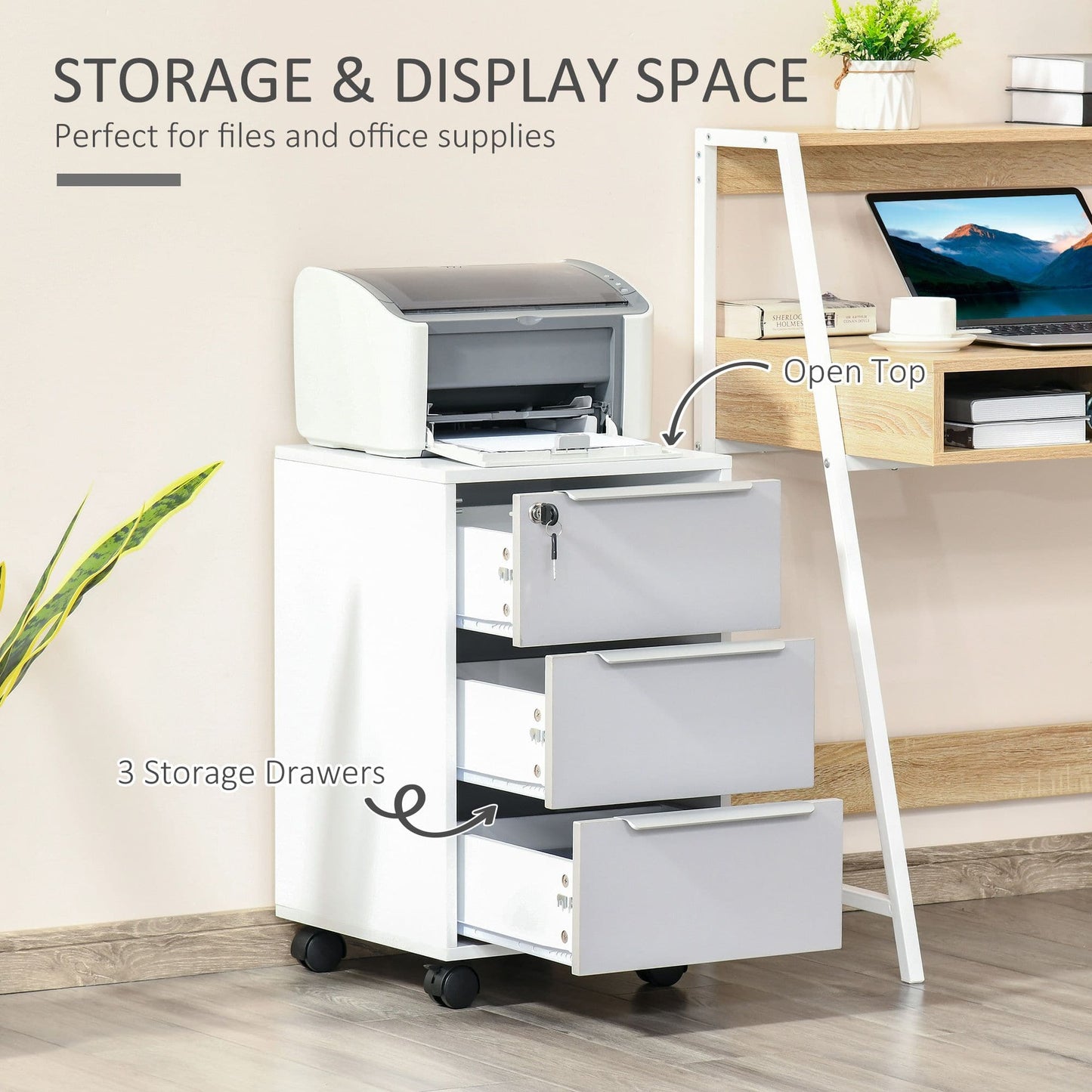 ProperAV Extra 3-Drawer Locking Mobile Filing Cabinet with Wheels - White - maplin.co.uk