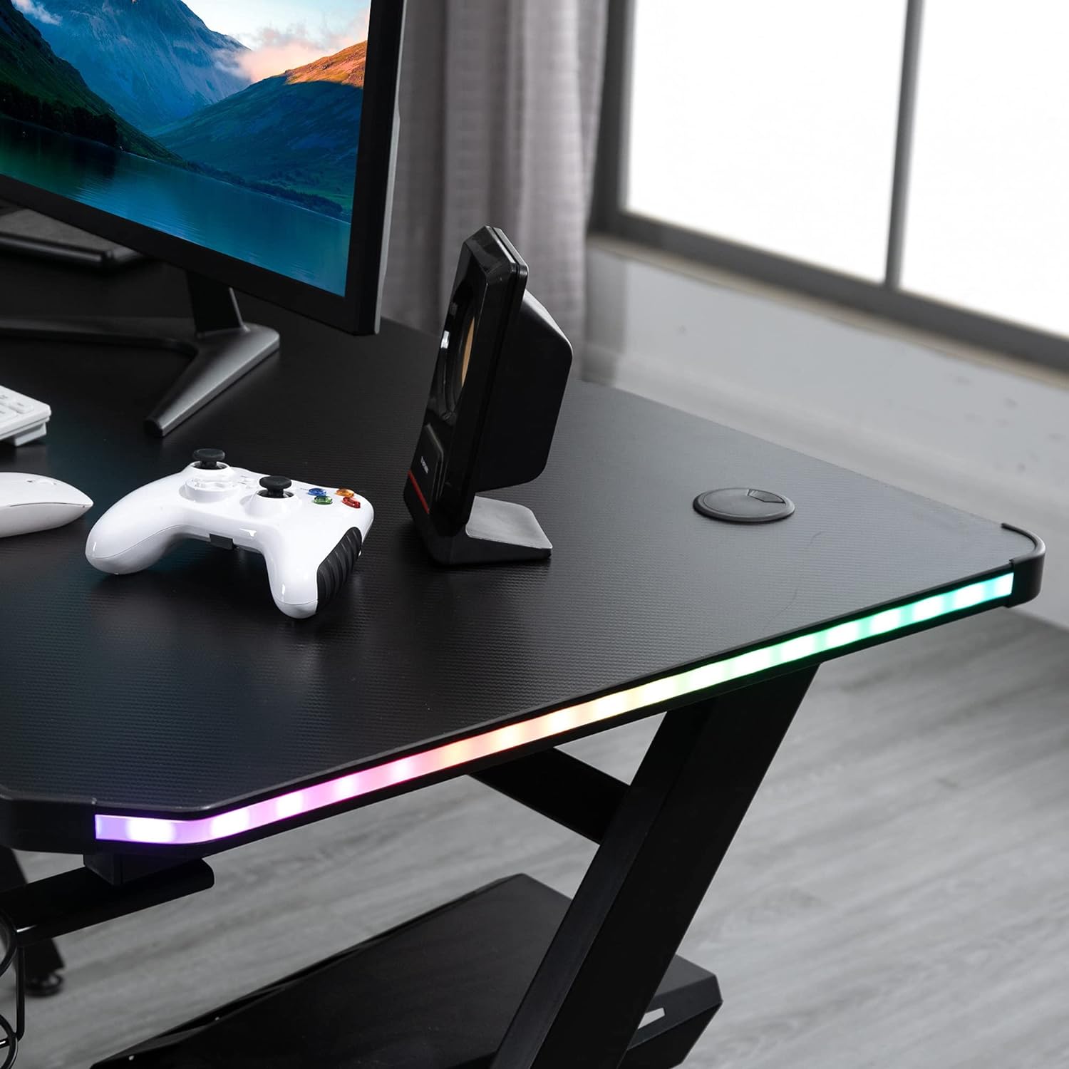 Maplin Plus Racing Style Gaming Desk with RGB LED Lights, Carbon Fibre Surface, Headphone Hook, Cup Holder & Controller Rack - maplin.co.uk