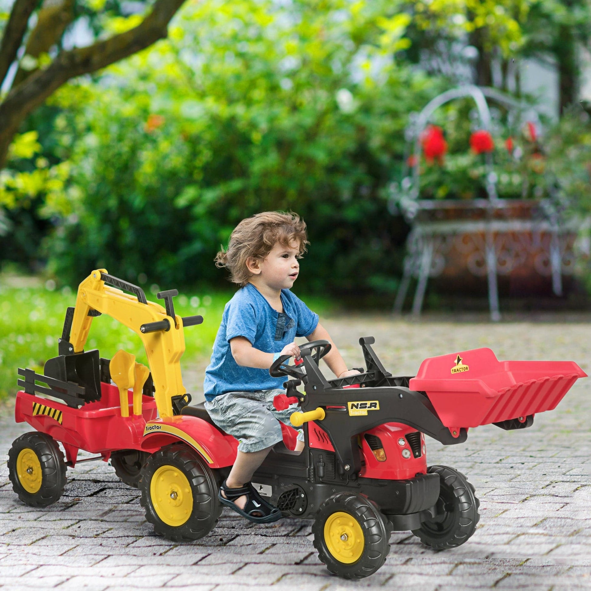 HOMCOM Kids Pedal Go Kart Ride On Toy Excavator Tractor with Moving Bucket & Removable Digger for 3 - 6 Years - maplin.co.uk