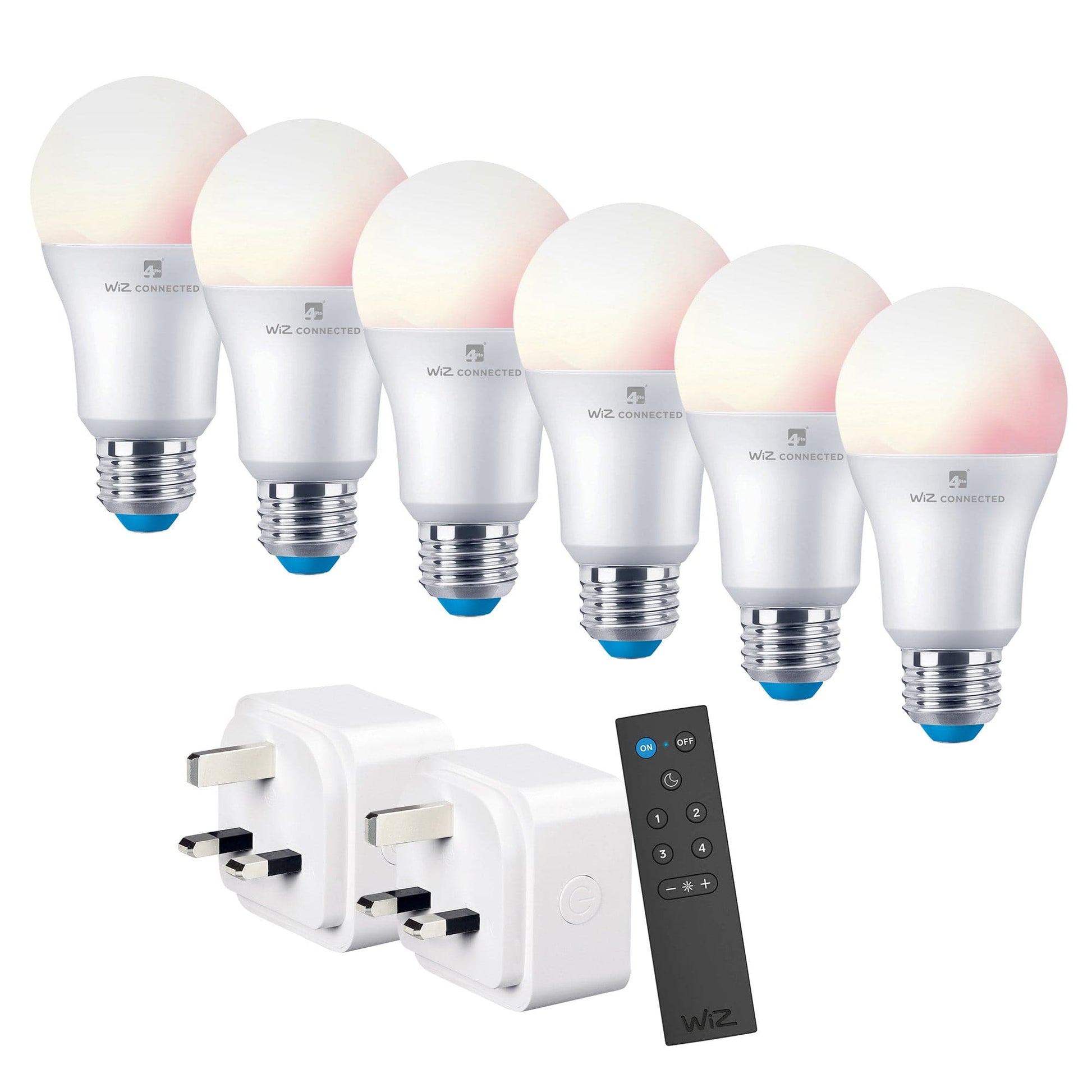 4lite WiZ Connected Smart Lighting Starter Kit including 6x E27 Large Screw Bulbs, 1x Remote Control & 2x 3-Pin UK Plugs - maplin.co.uk