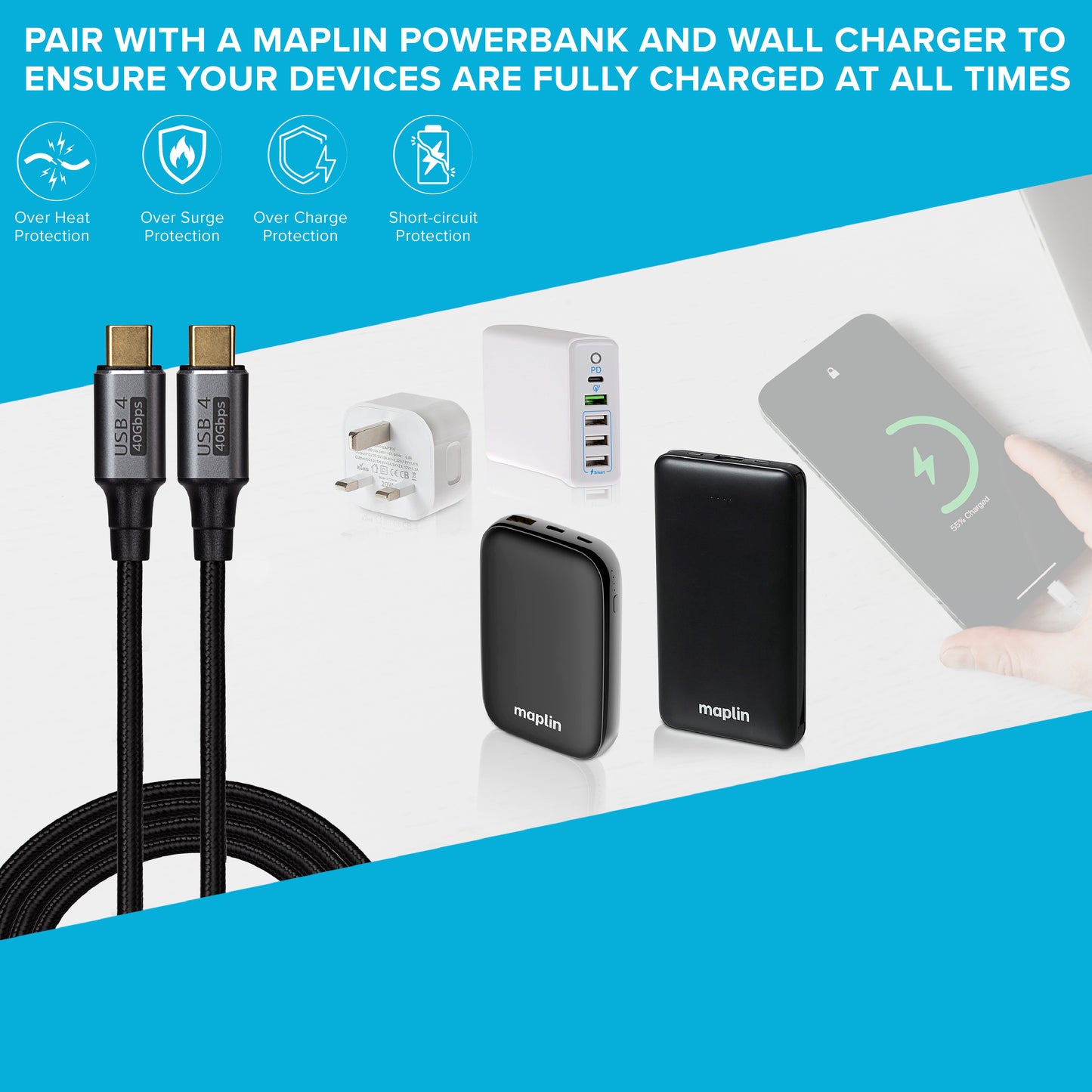 Maplin Pro USB-C to USB-C v4.0 40Gbps 8K@60Hz Super Speed Braided Cable - Black, 1.2m - maplin.co.uk