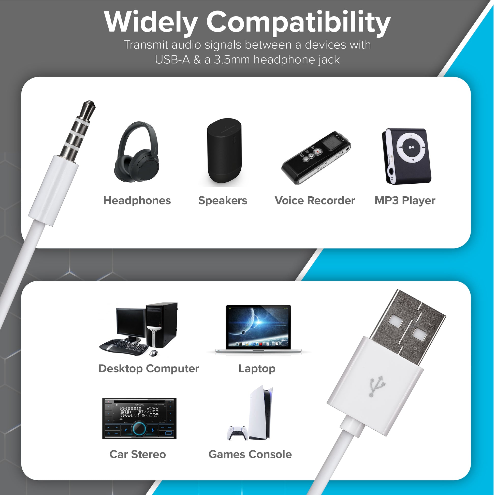 Maplin USB-A to 3.5mm Aux Stereo 3 Pole TRRS Jack Plug Cable - White, 1.2m