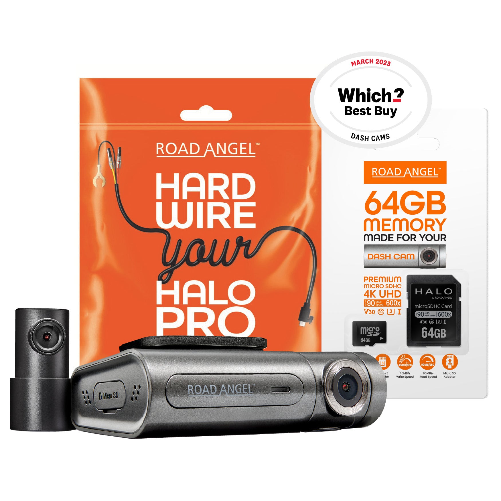 Road Angel Halo Pro Deluxe 2K Dual Front & Rear Dash Cam with 64GB SD & Hardwire Kit