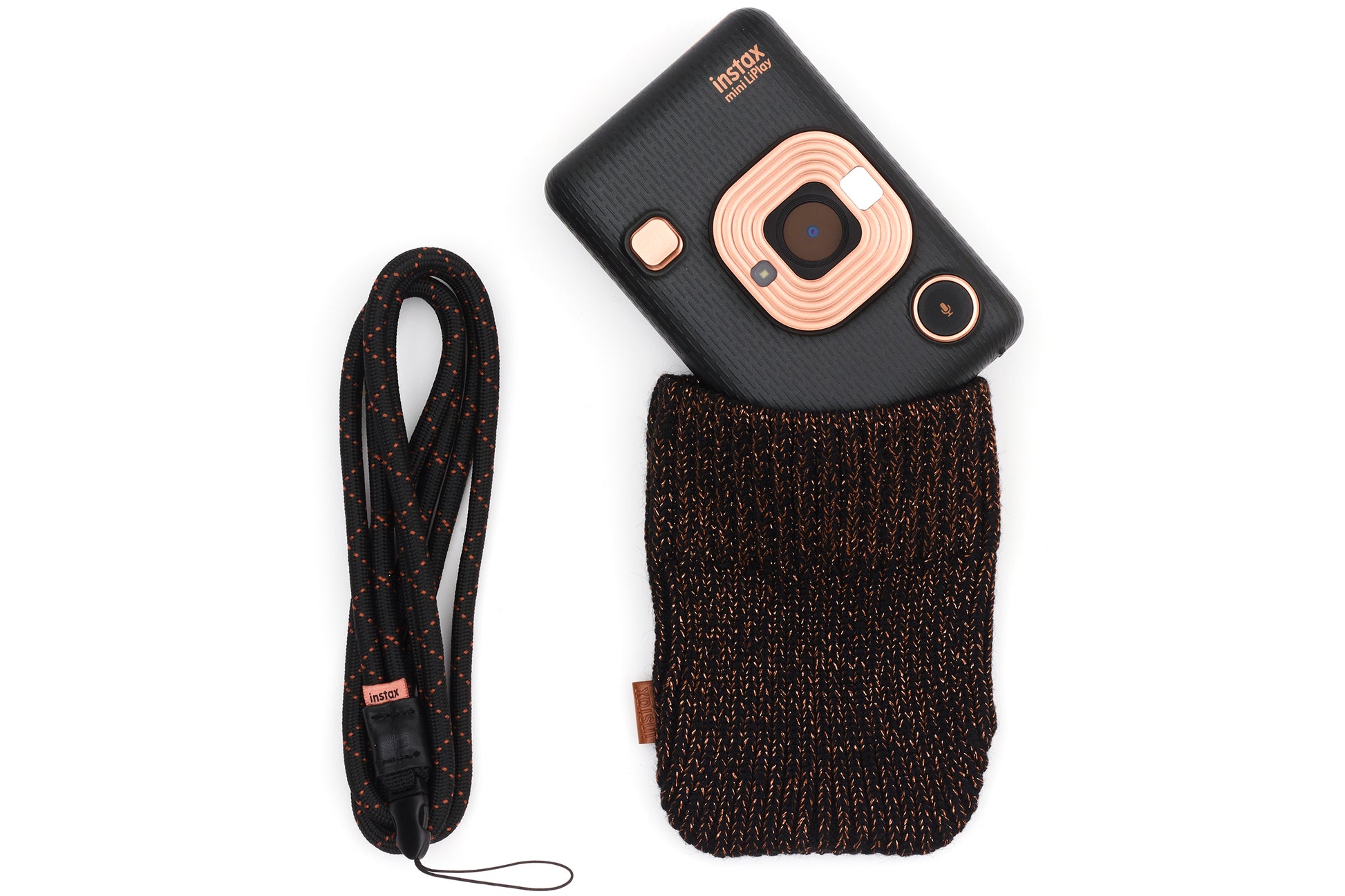 Fujifilm Instax Mini Liplay Accessory Kit with Neck Strap & Knitted Pouch - Elegant Black - maplin.co.uk