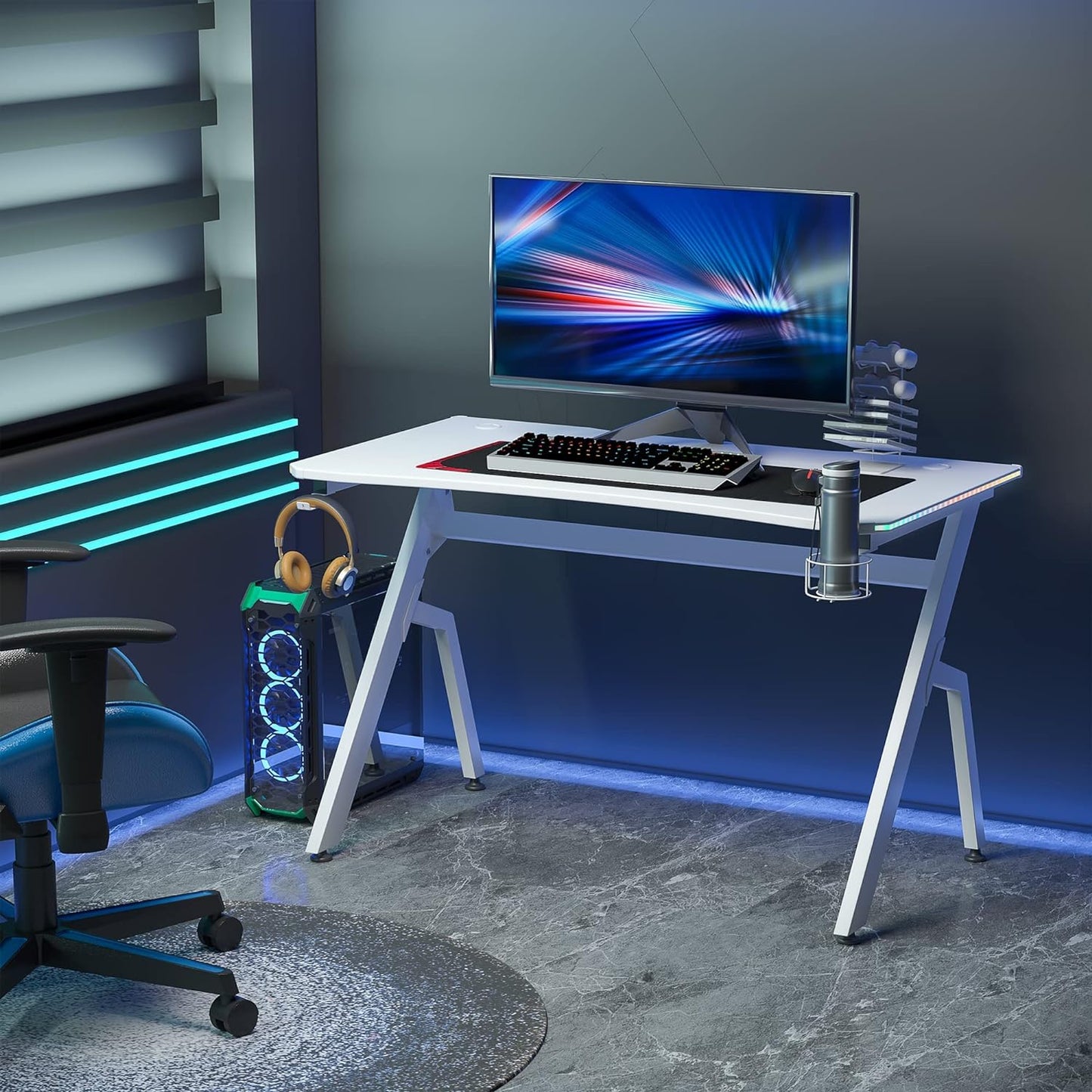 Maplin Plus Racing Style Gaming Desk with RGB LED Lights, Carbon Fibre Surface, Headphone Hook, Cup Holder & Controller Rack - maplin.co.uk