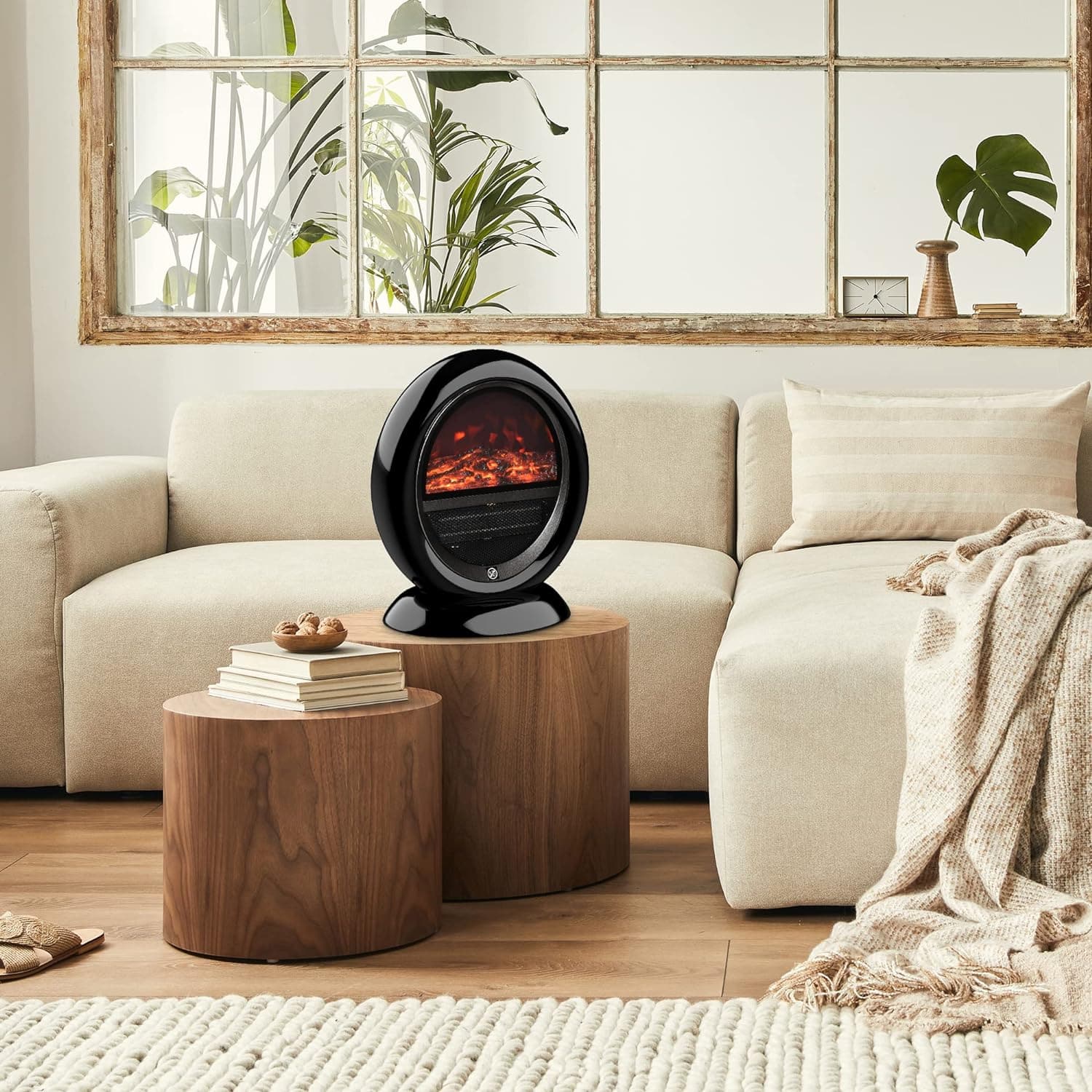 Maplin 1500W Freestanding Electric Fireplace Heater with Flame Effect & Rotatable Head - maplin.co.uk
