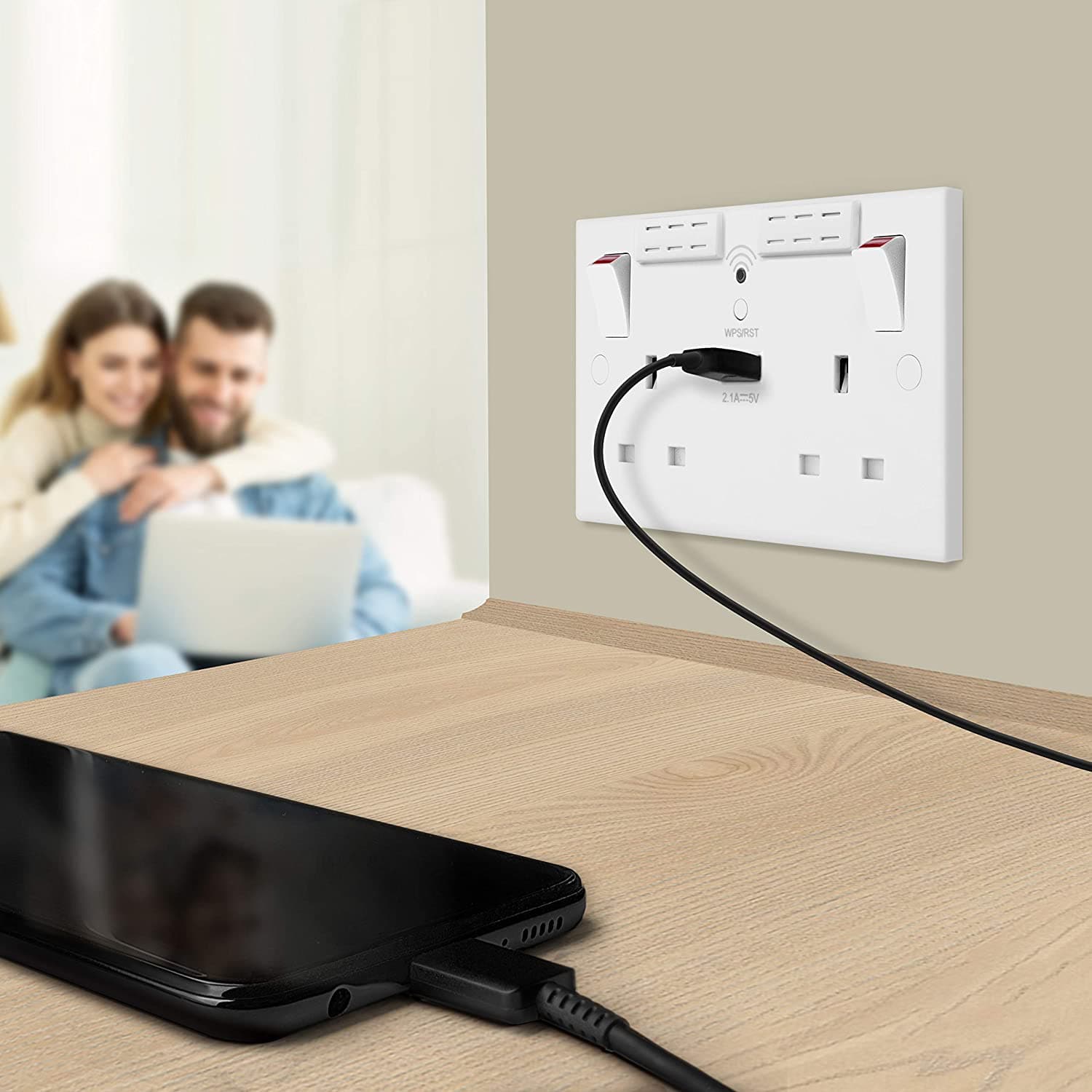 British General Square Edge 13A 2 Gang Switched Socket with Wi-Fi Extender + 1x USB-A 2.1A - White - maplin.co.uk