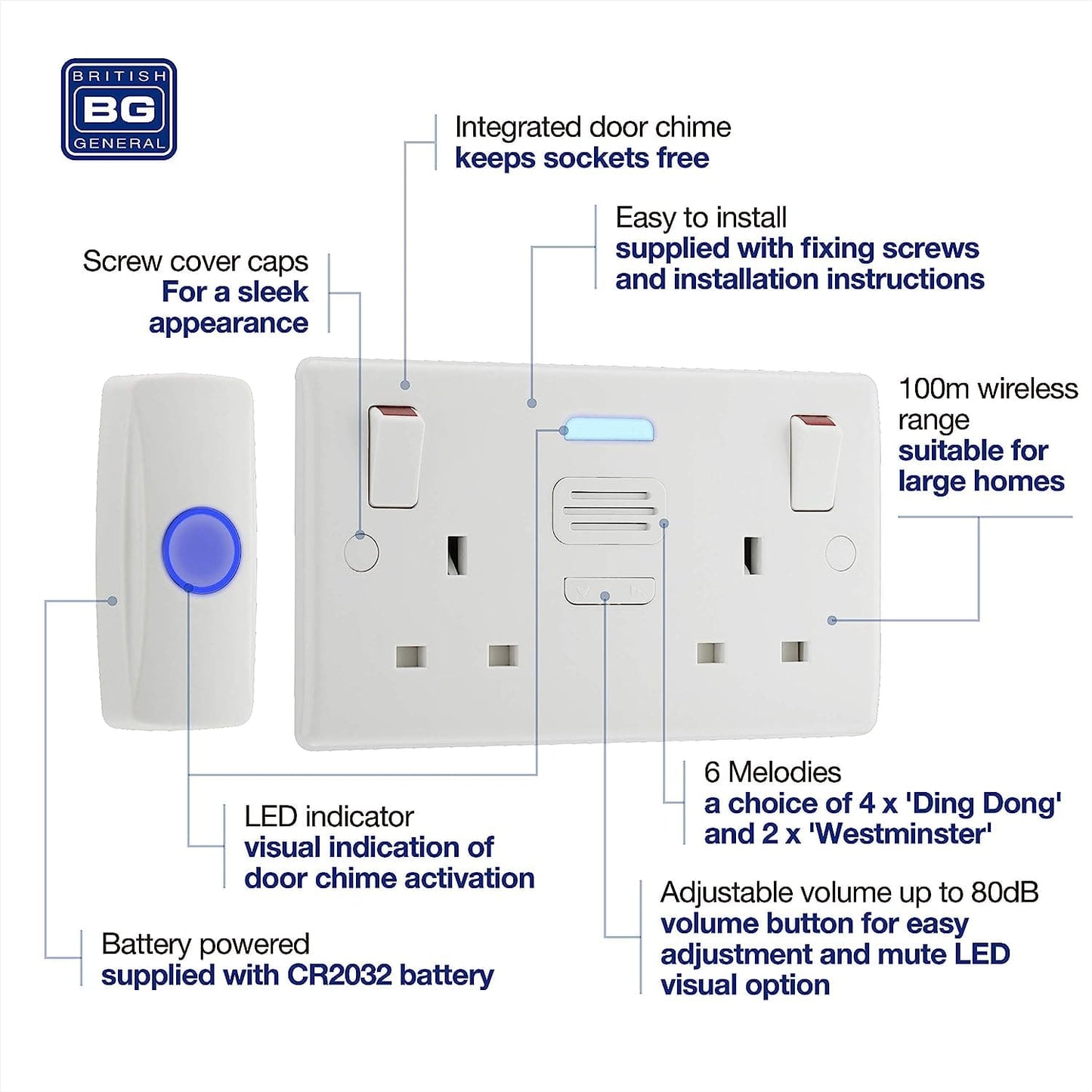 British General Nexus Double Switched 13A Power Socket with Door Chime - White - maplin.co.uk