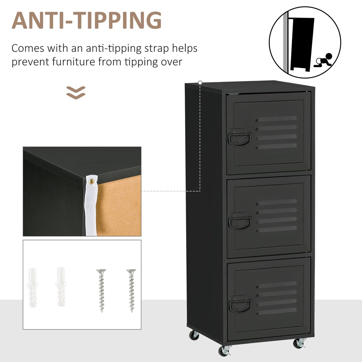 ProperAV Extra Mobile 3-Tier Storage Filing Cabinet with Wheels & Metal Doors - Black - maplin.co.uk