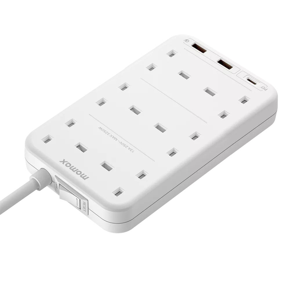 MOMAX OnePlug 6-Outlet Extension Plug Socket Power Strip with USB-C & 2x USB-A - 2m