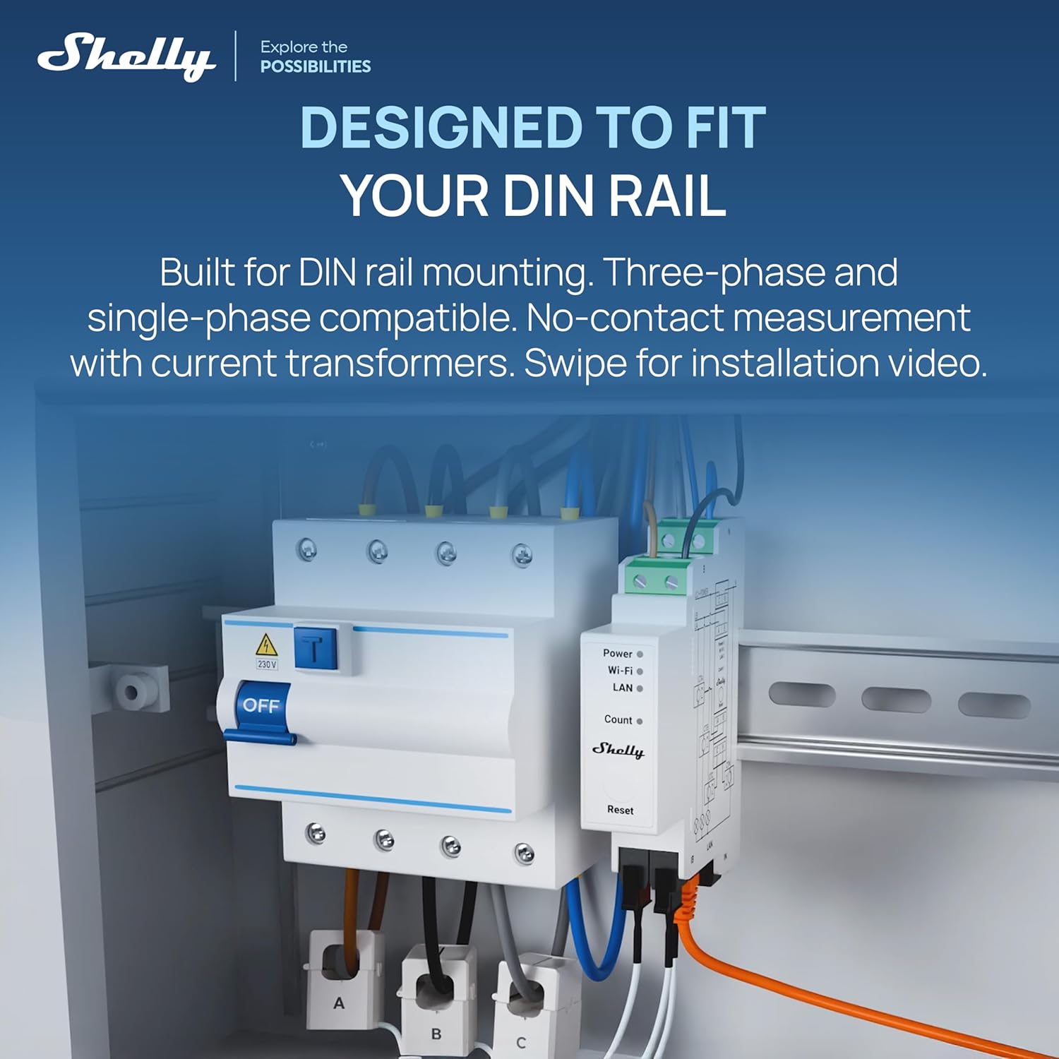 Shelly Pro 3EM 120A DIN-Mountable 3-Phase Energy Meter