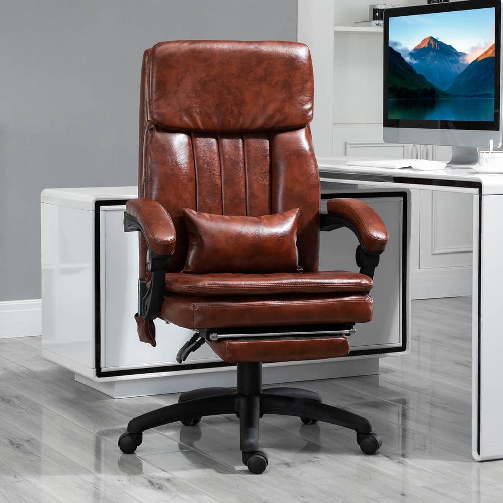 ProperAV Extra PU Leather Adjustable Reclining Executive Office Chair with 7 Point Vibrating Massage & Footrest - Brown - maplin.co.uk