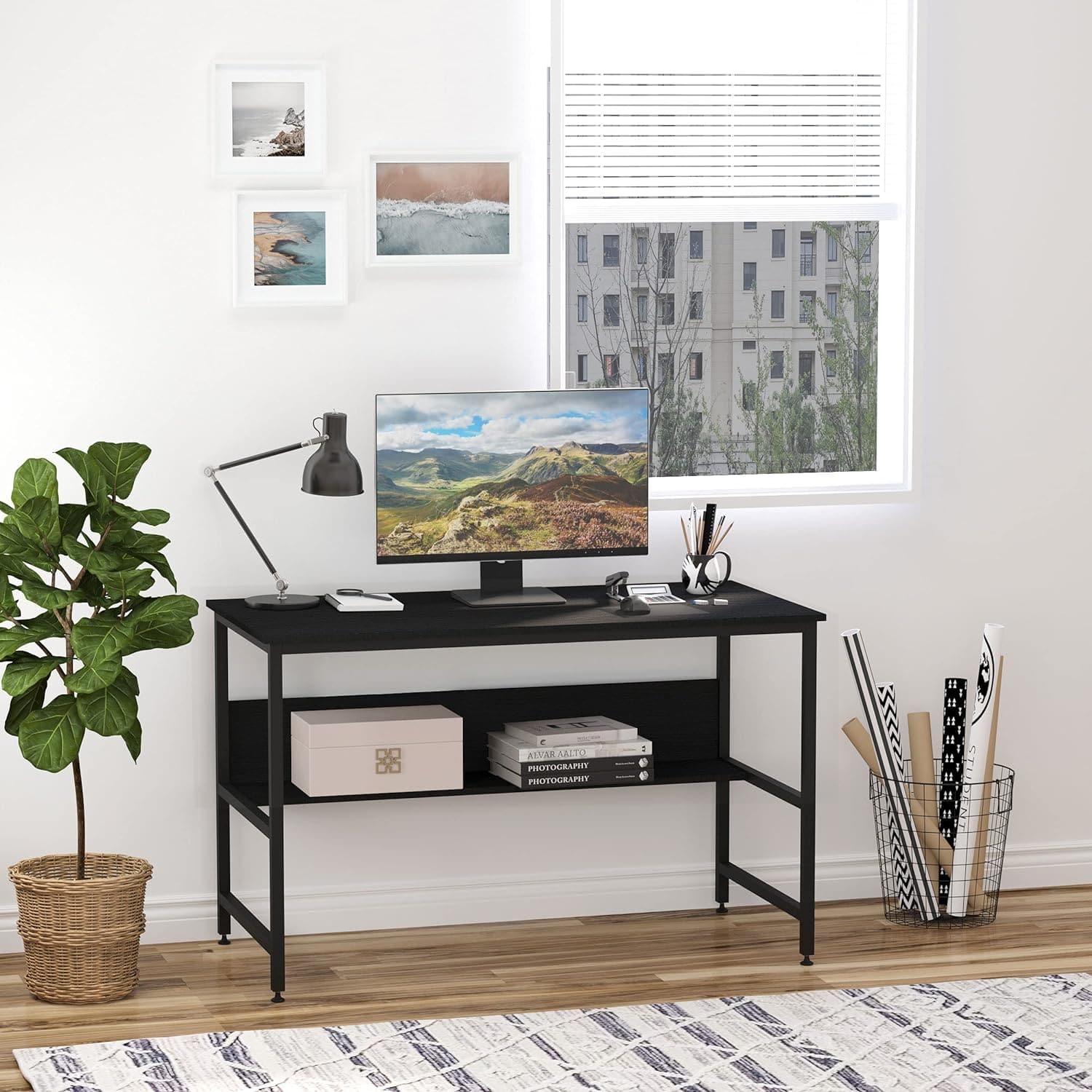 ProperAV Extra 120 x 60cm Home Office Desk with Storage Shelf & Metal Frame - maplin.co.uk