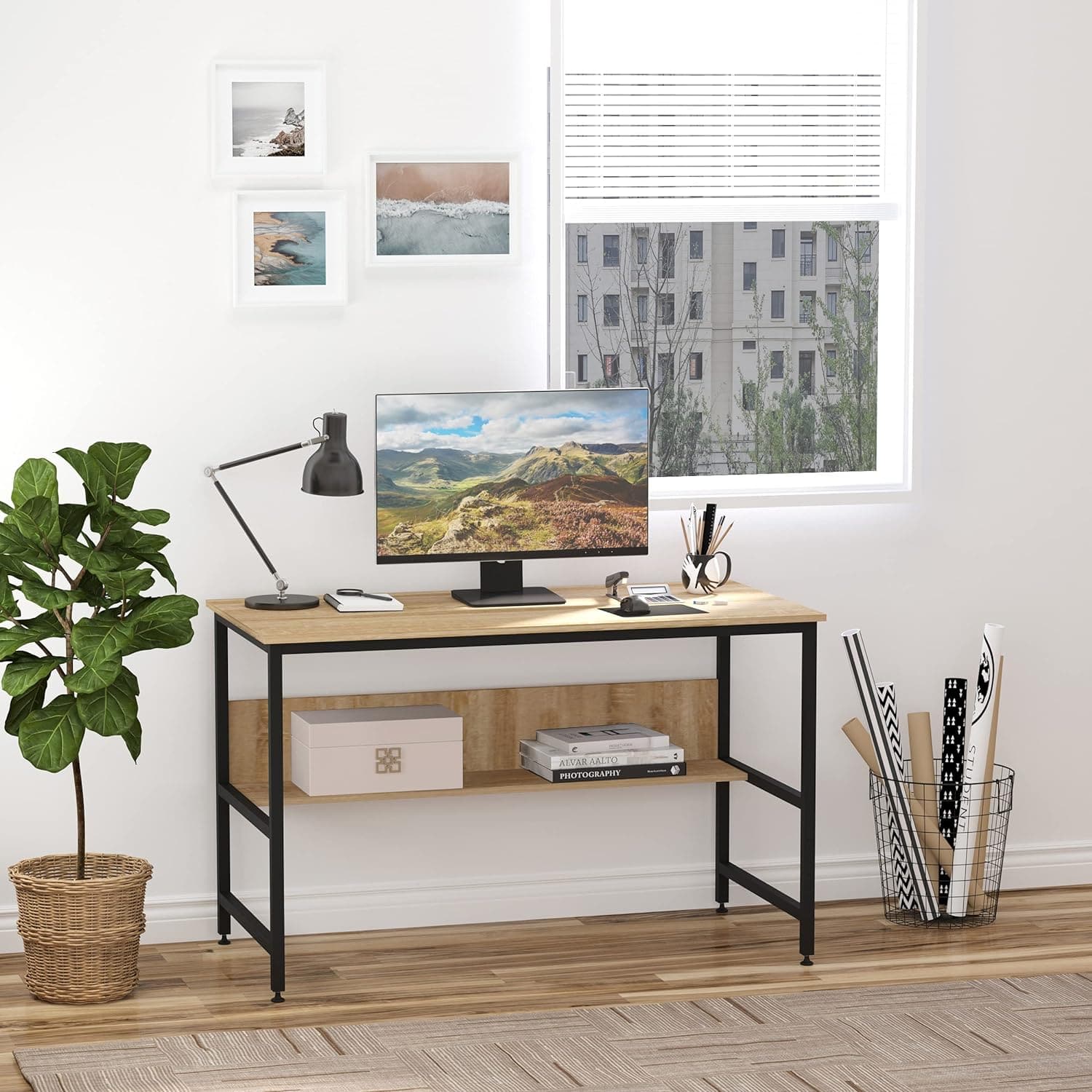 ProperAV Extra 120 x 60cm Home Office Desk with Storage Shelf & Metal Frame - maplin.co.uk