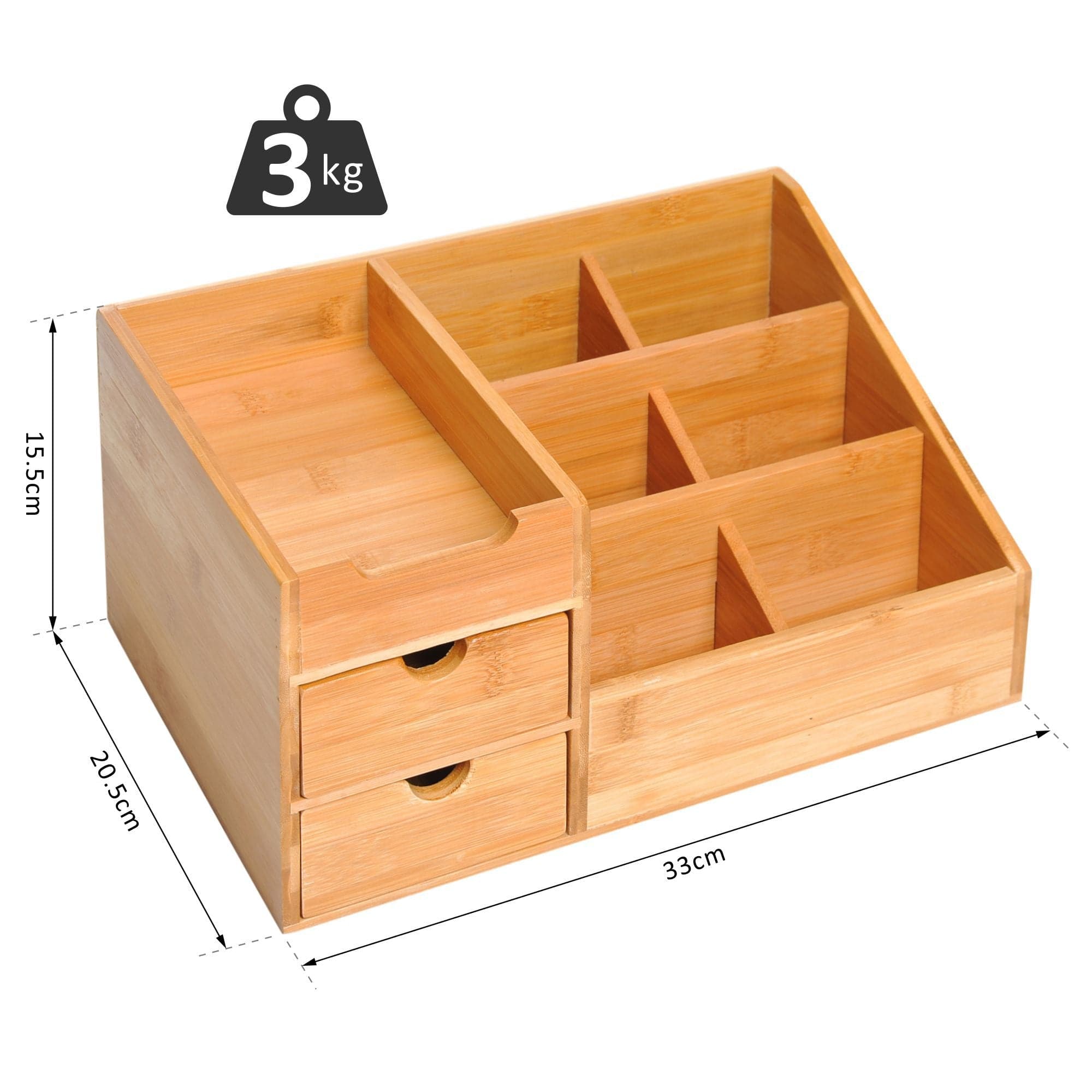 ProperAV Extra Multi-Function Storage Organiser with 7 Storage Compartments & 2 Drawers - Bamboo