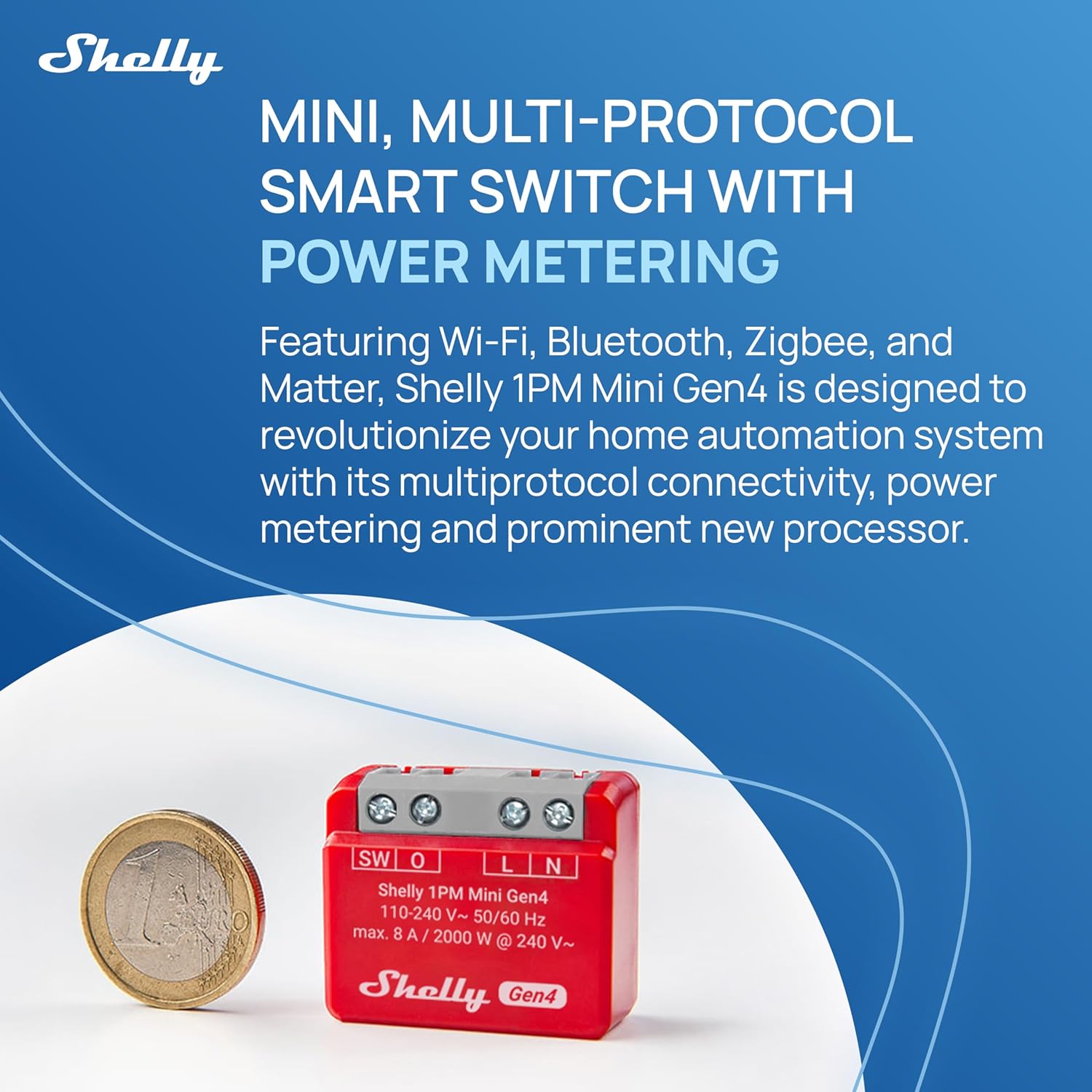 Shelly 1PM Mini Gen4 WiFi/Zigbee-Operated 8A Relay Switch with Power Monitoring