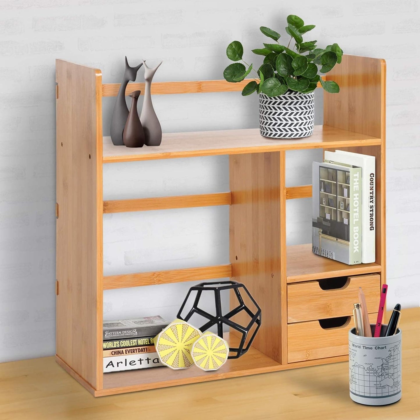 ProperAV Extra Desktop Stationery Desk Organiser with 2 Drawers - Bamboo - maplin.co.uk