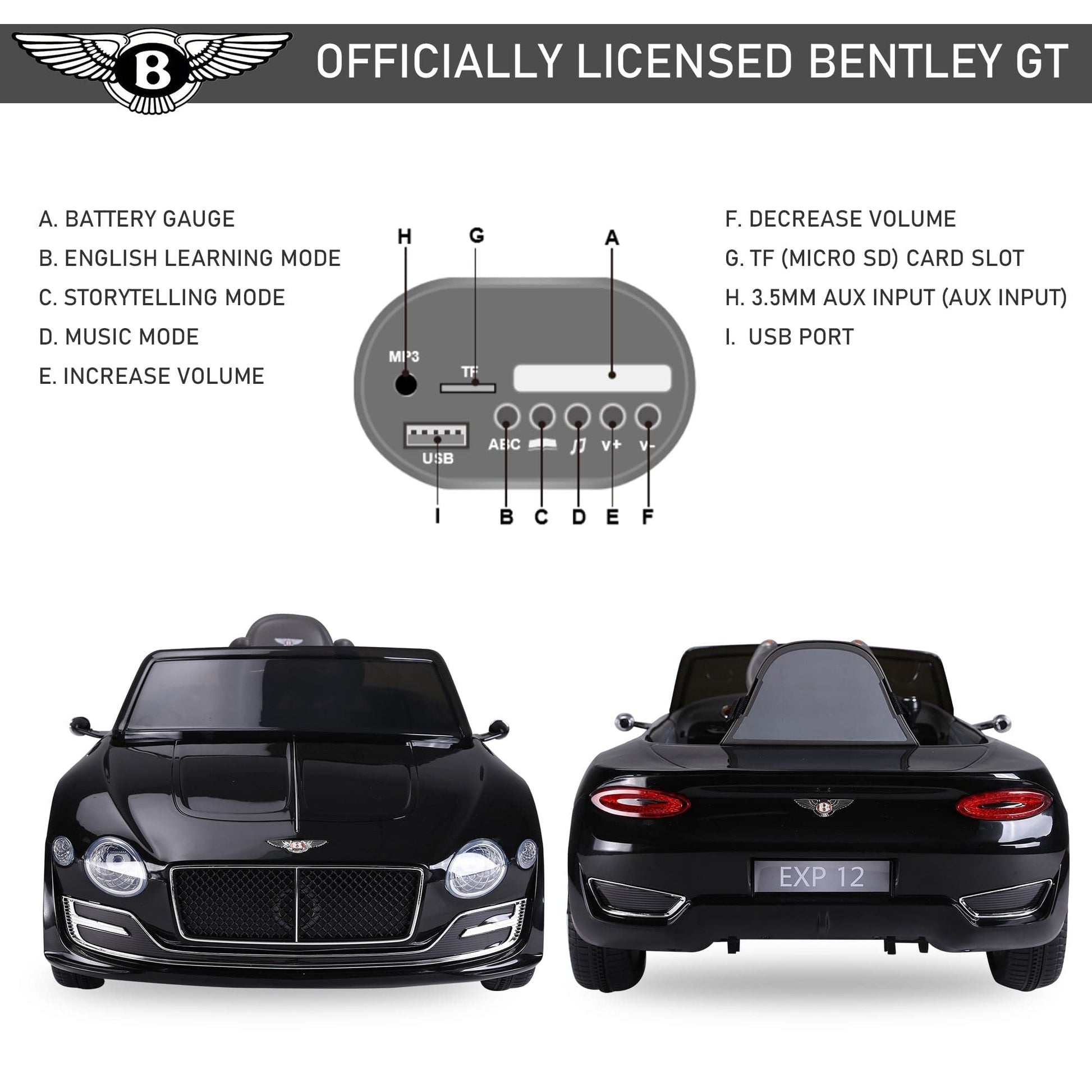 Maplin Plus Bentley GT 12V Electric Kids Ride On Toy Car with LEDs, Music & Remote Control for 3-8 Years - Black - maplin.co.uk