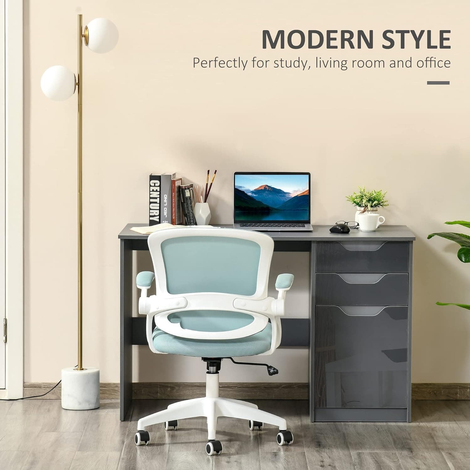 ProperAV Extra High Gloss Office Desk with Drawers & Storage Cabinet - Grey