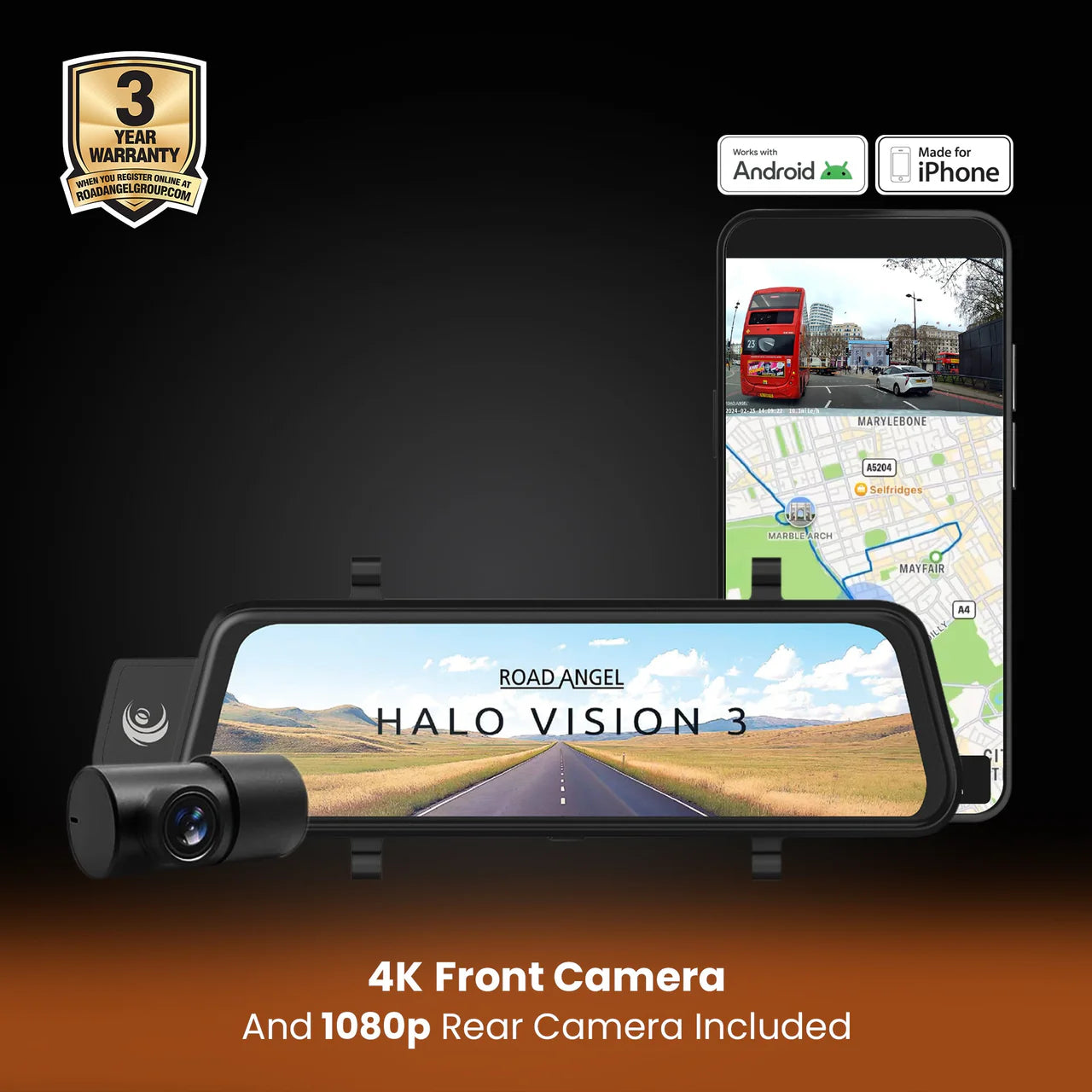 Road Angel Halo Vision 3 Rear View Mirror 4K Dual Dashcam
