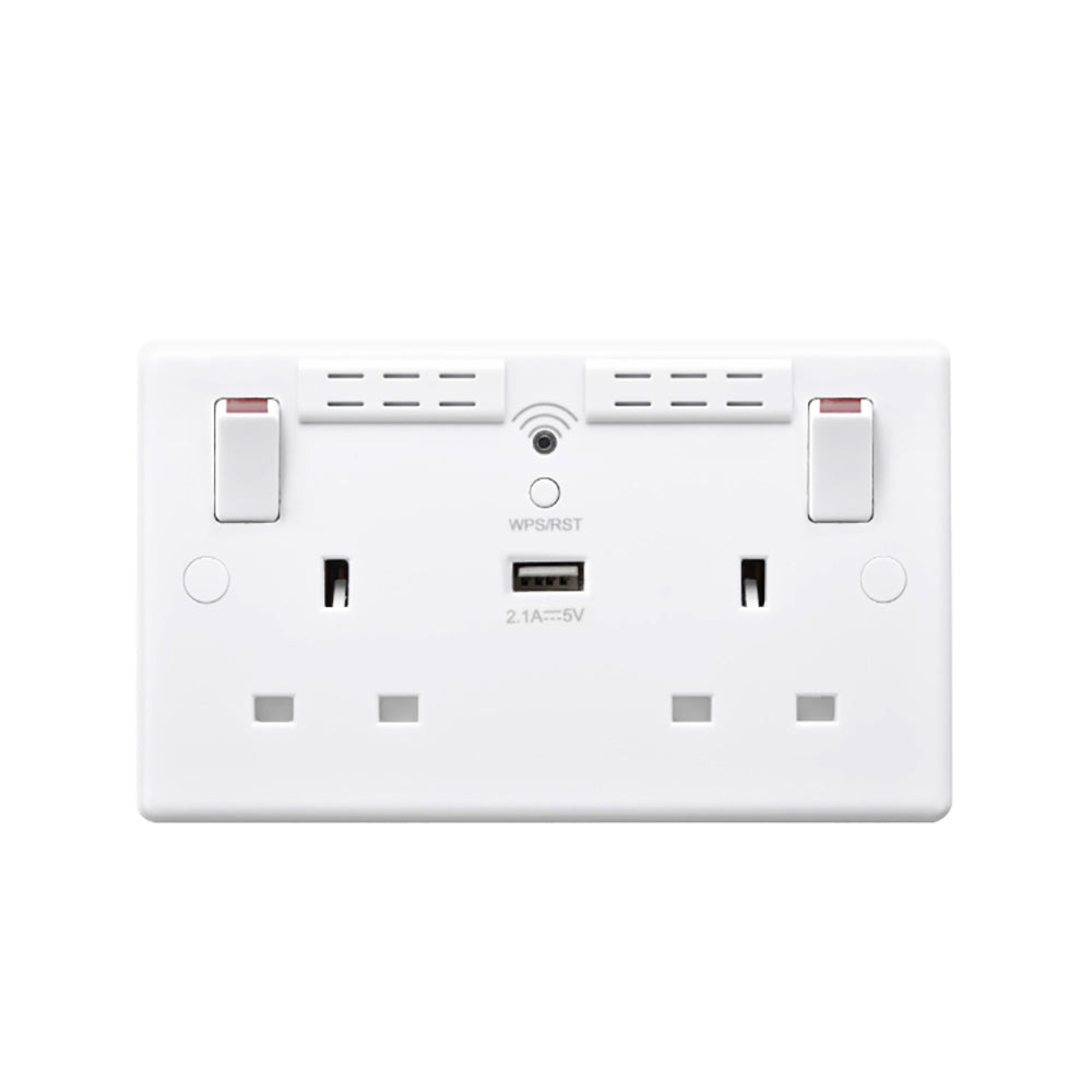 Round Edge 2 Gang Switched Socket Wi Fi Extender + 1x USB 2.1A