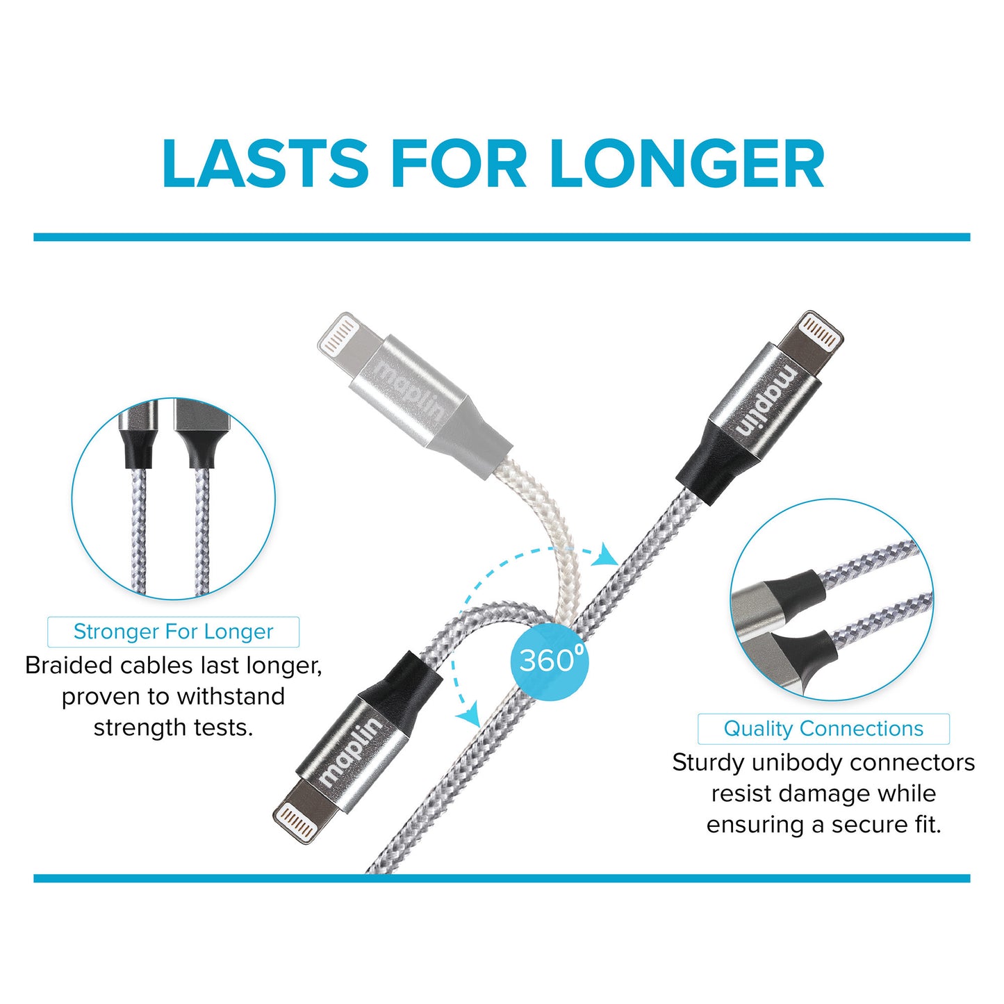 Maplin Premium Apple MFI Certified Tangle-Free Lightning to USB-A 2.0 Cable - Silver, 3m