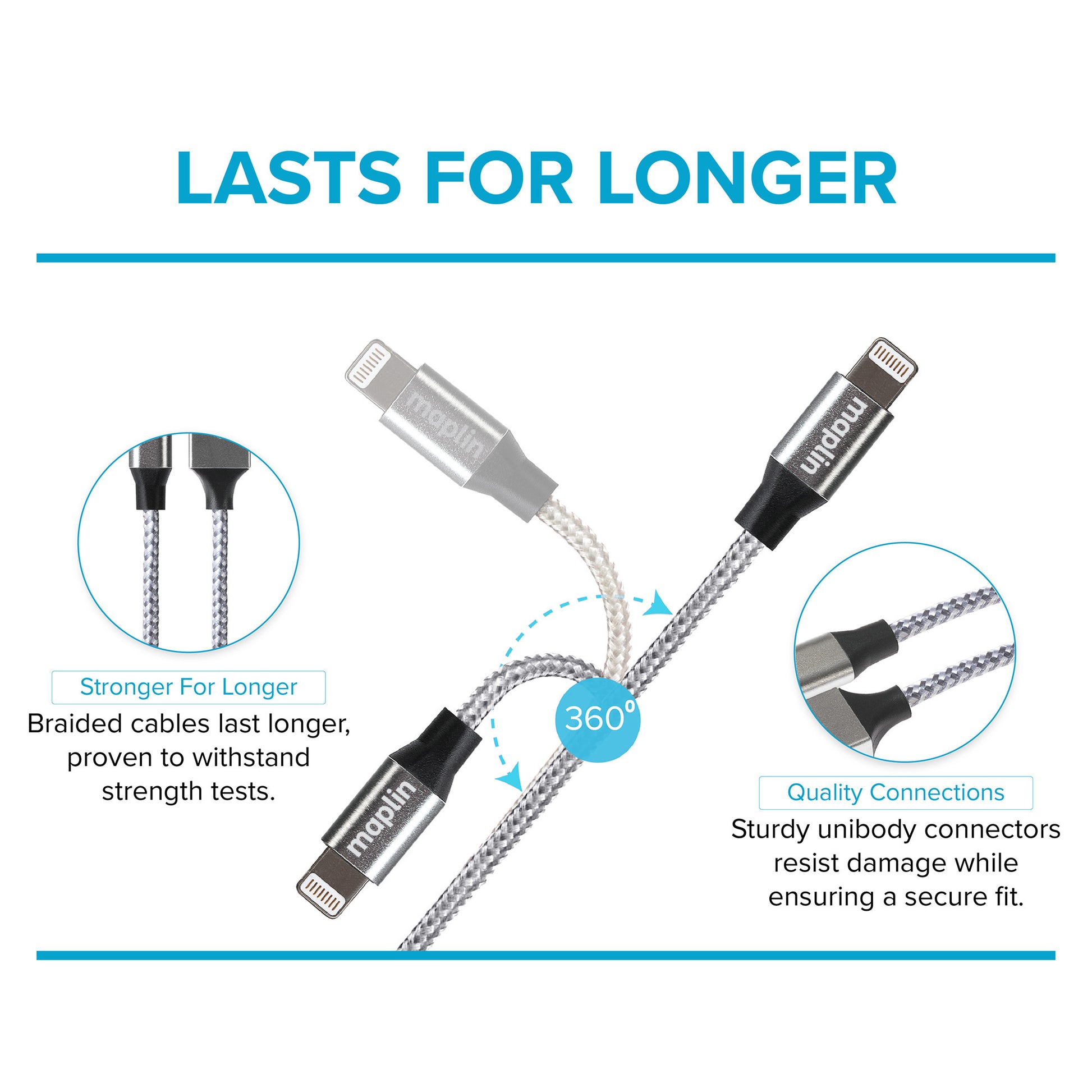Maplin Premium Apple MFI Certified Tangle-Free Lightning to USB-A 2.0 Cable - Silver, 3m