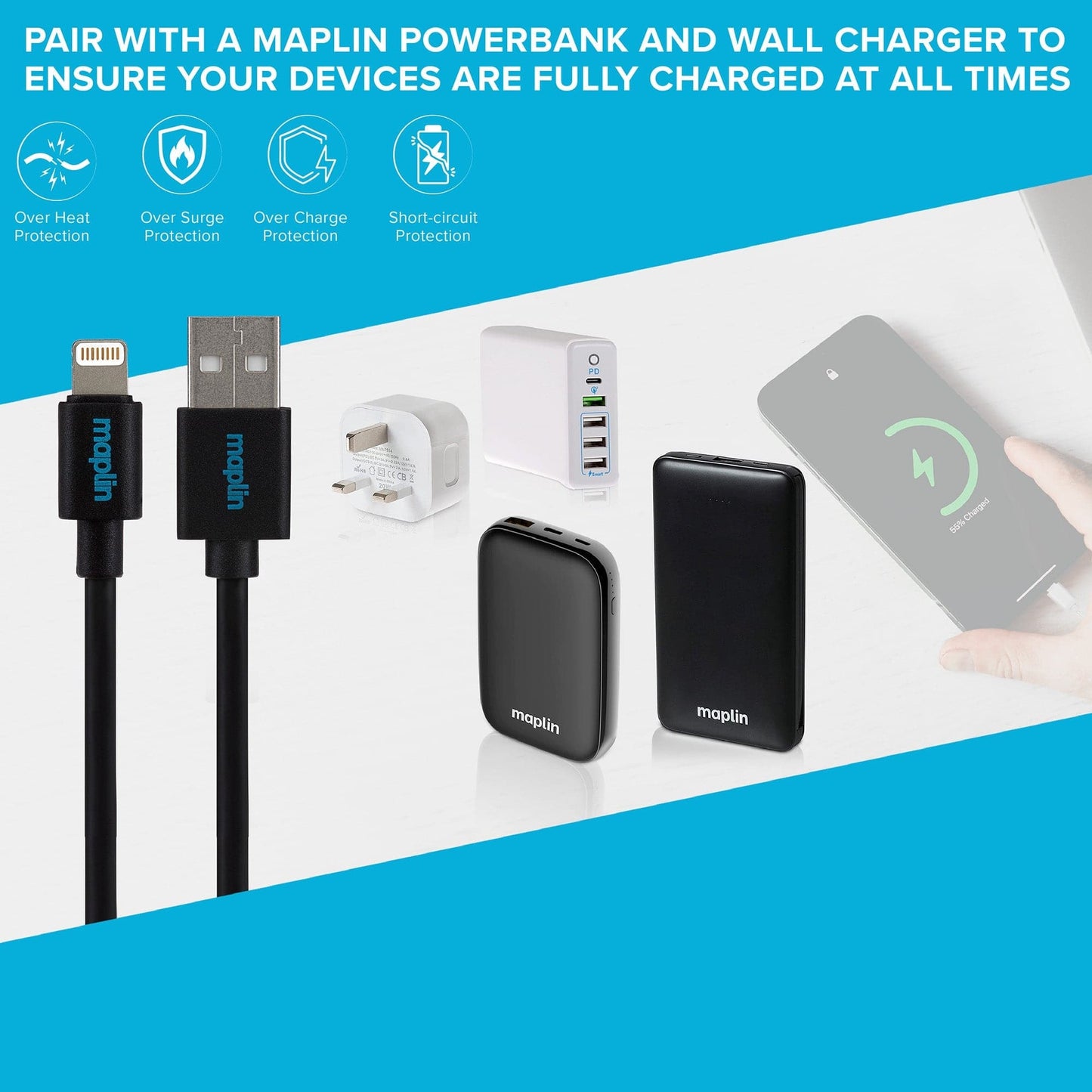 Maplin Lightning to USB-A Cable - Black, 0.5m - maplin.co.uk