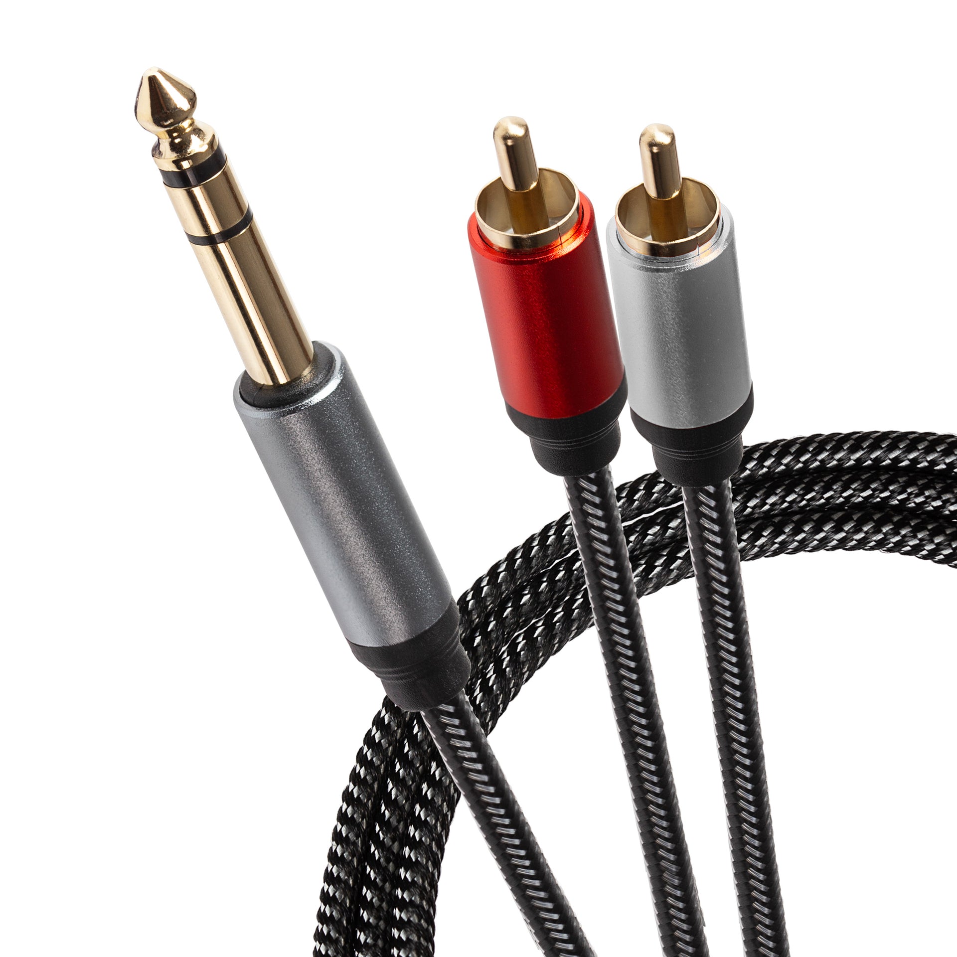 1 4" 6.35mm 3 Pole Jack Plug to Twin RCA Phono Braided Cable Black 3m