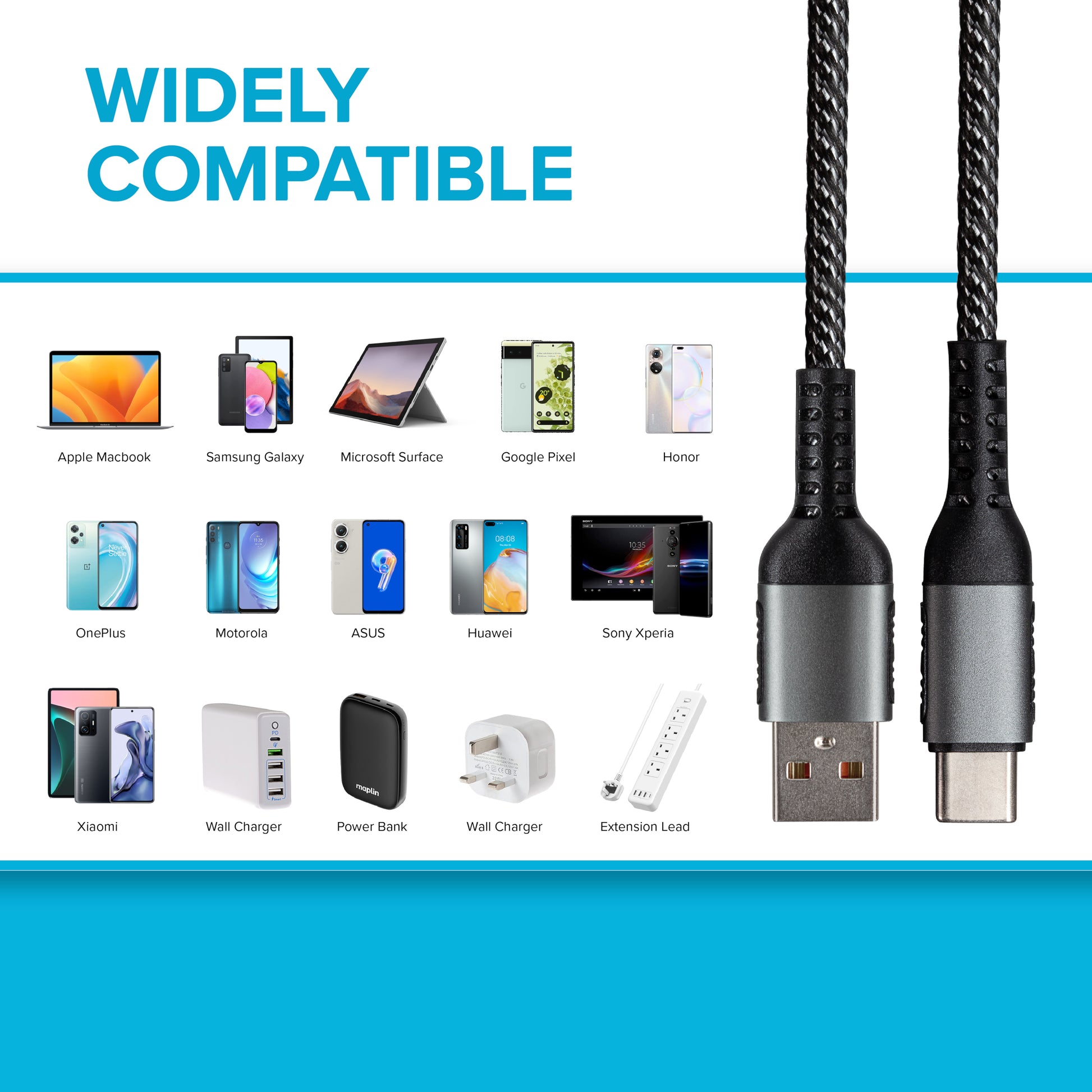Maplin USB-C to USB-A Braided Cable - Silver, 0.5m