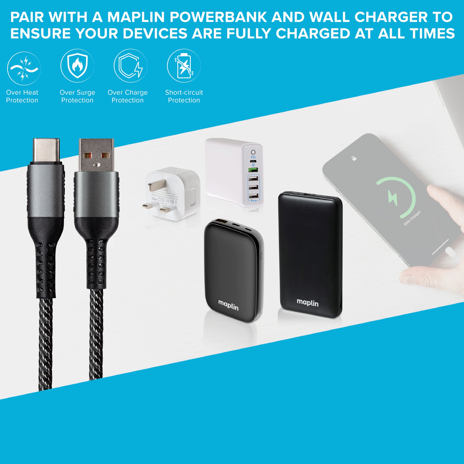 Maplin USB-C to USB-A Braided Cable - Silver, 0.5m